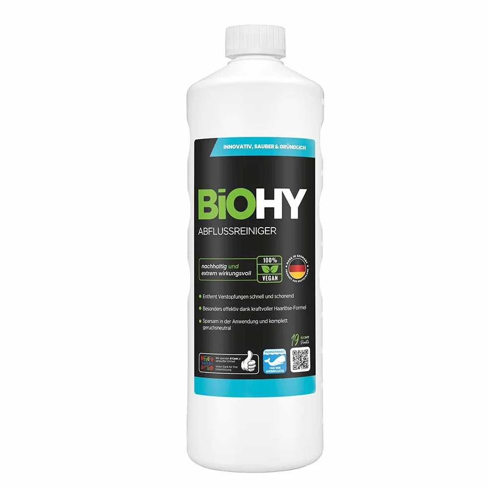 BiOHY Detergente per scarichi (Bottiglia da 1l) | rimuove i peli senza sforzo | Detergente per cucina e bagno | concentrato organico| rimuove gli odori contro i blocchi ostinati (abflussreiniger)