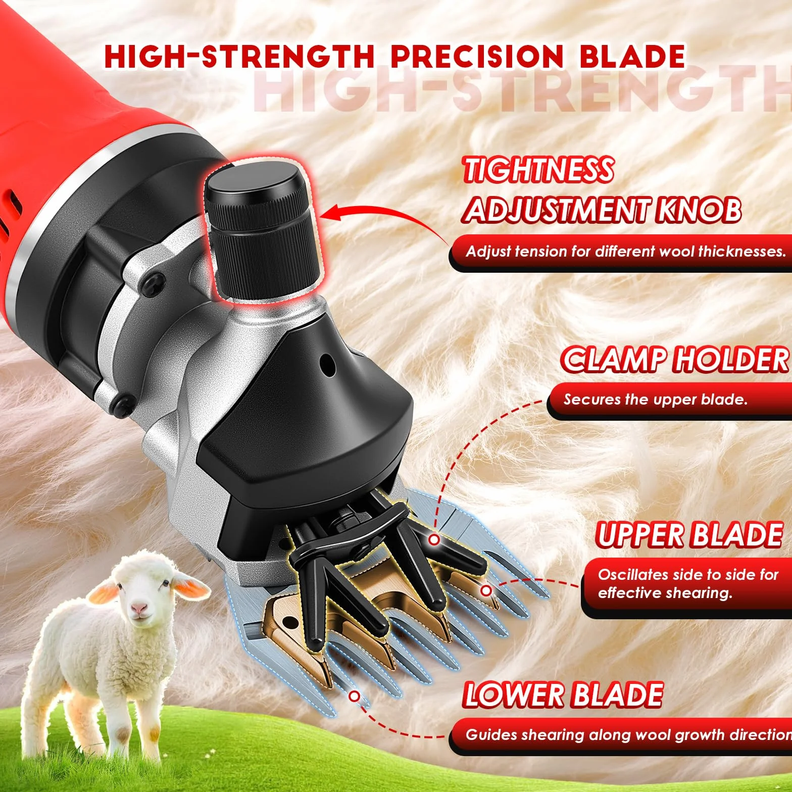 CGOLDENWALL 1000W Tosatrice per Pecore Elettrica Professionale, Motore Alte Prestazioni 3700RPM, Regolazione 6 Veli, Lama a 13 Denti per Pecore, Capre, Alpaca & Bestiame con Pelliccia Spessa (Rosso)