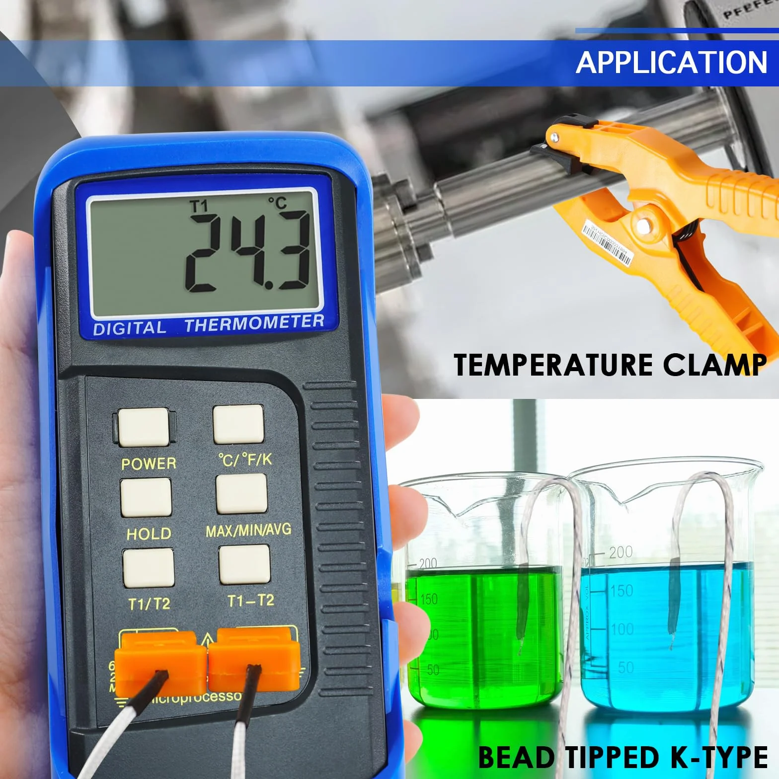 Termometro digitale a doppio canale tipo K -50 a 1300 °C con sonda cablata MAX/MIN/AVG per forni