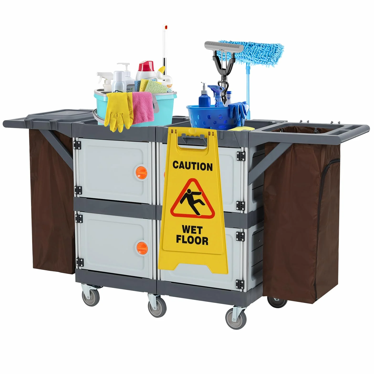 Carrello per pulizie professionale a 4 scomparti con doppio coperchio, manico in PP, struttura in alluminio, ruote silenziose TPR da 4 pollici, sacchi inclusi
