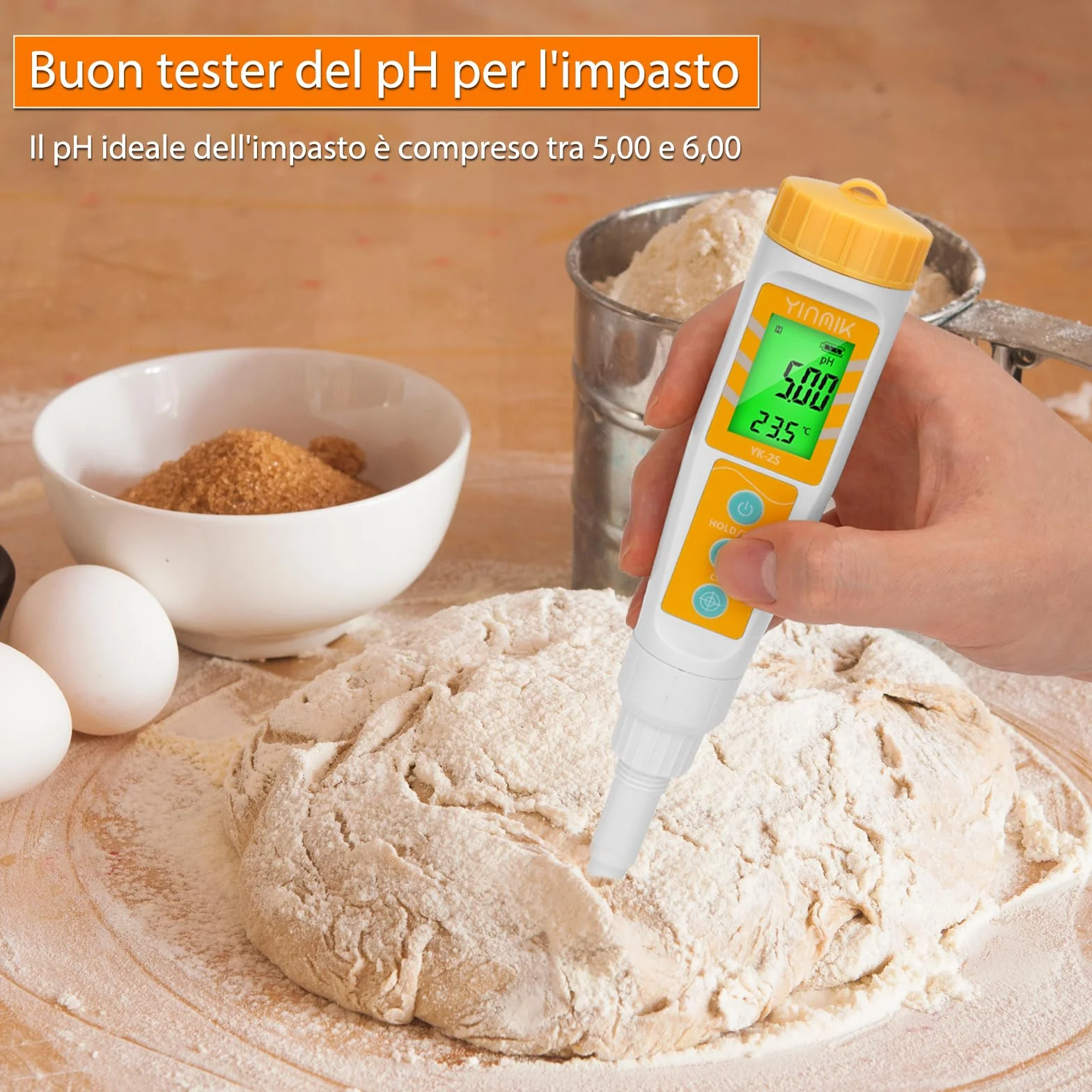 Misuratore pH per Alimenti con Sonda Sostituibile - Phmetro Lievito Madre Digitale per Carne, Impasti, Inscatolamento, Formaggio + Piaccametro per Alimenti - Yinmik Misuratore pH per Acqua e Terreni