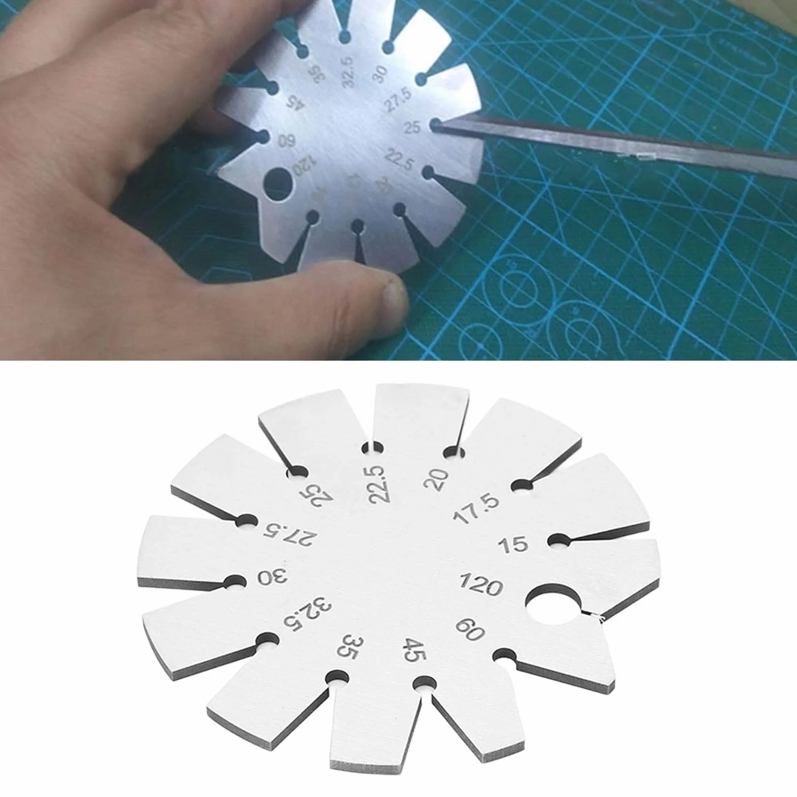 Calibro Angolare in Acciaio Inossidabile 15-120° - Misuratore Angoli per Coltelli, Strumento di Precisione per Affilatura con Scala Rotonda e Design Smussato
