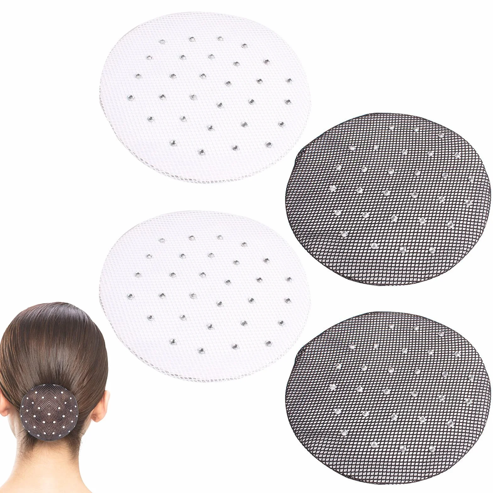 Aililong 4 Pezzi Hairnet Bun - 2 Nero + 2 Bianco con Strass, Elastico, per Balletto