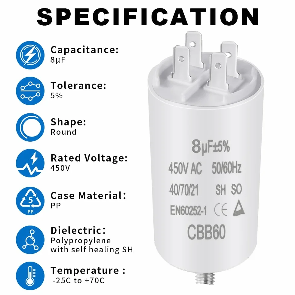 OFFCUP CBB60 Condensatore di Avviamento 8μF 450VAC 50/60Hz Universale