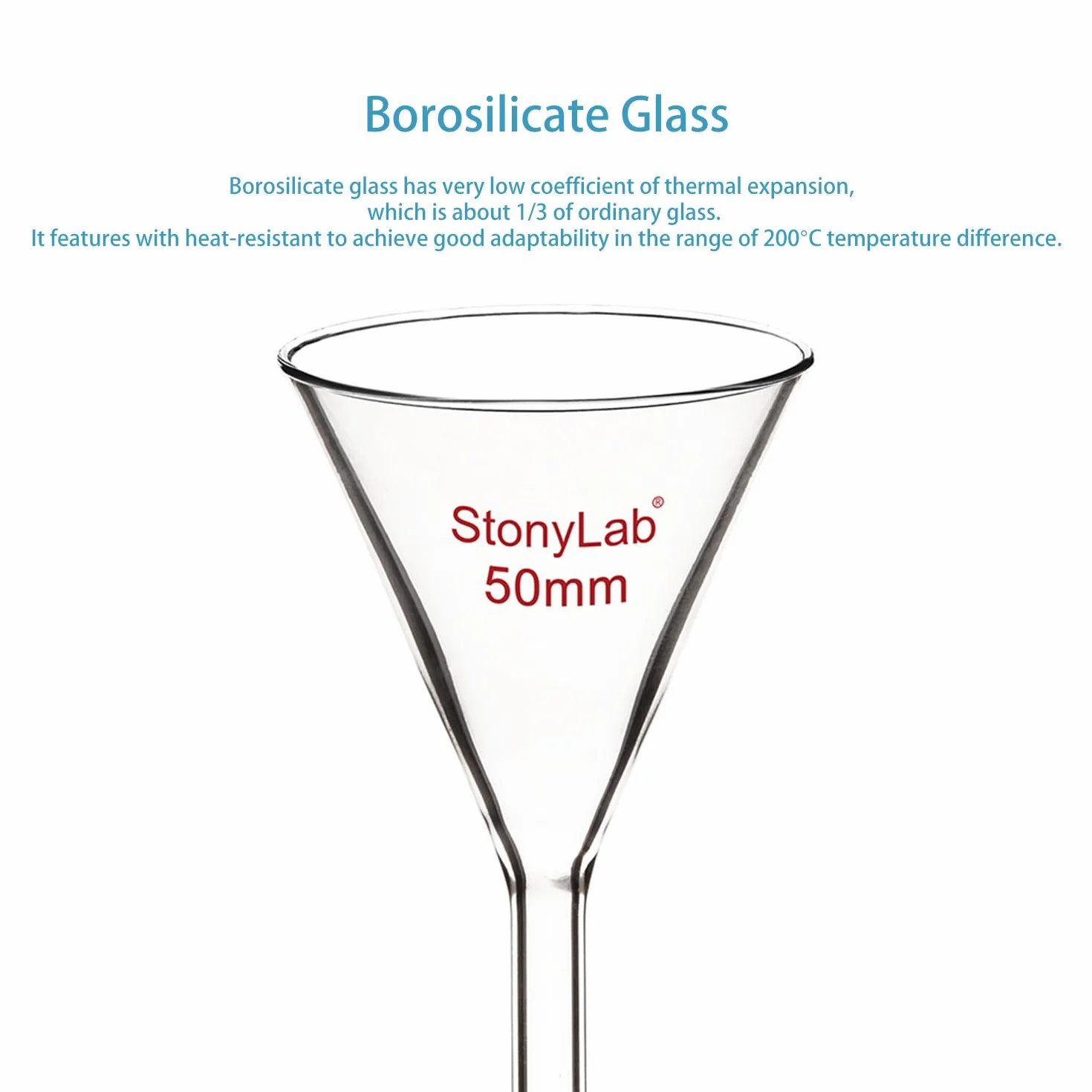 stonylab Imbuto di Vetro da 1 Confezione, Imbuto in Vetro Borosilicato a Parete Pesante, Diametro 50 mm e Lunghezza Stelo 50 mm