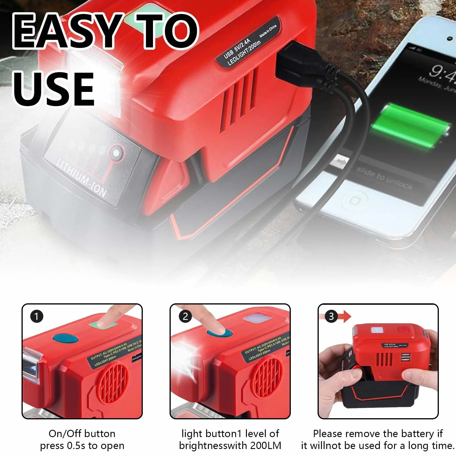 Convertitore per Einhell 18V Batterie, 200W 18V CC a 220 V CA, Adattatore Convertitore per Batterie a Onda Sinusoidale Pura con Lampada LED USB-C 200LM e Prese 230V Inverter per Campeggio