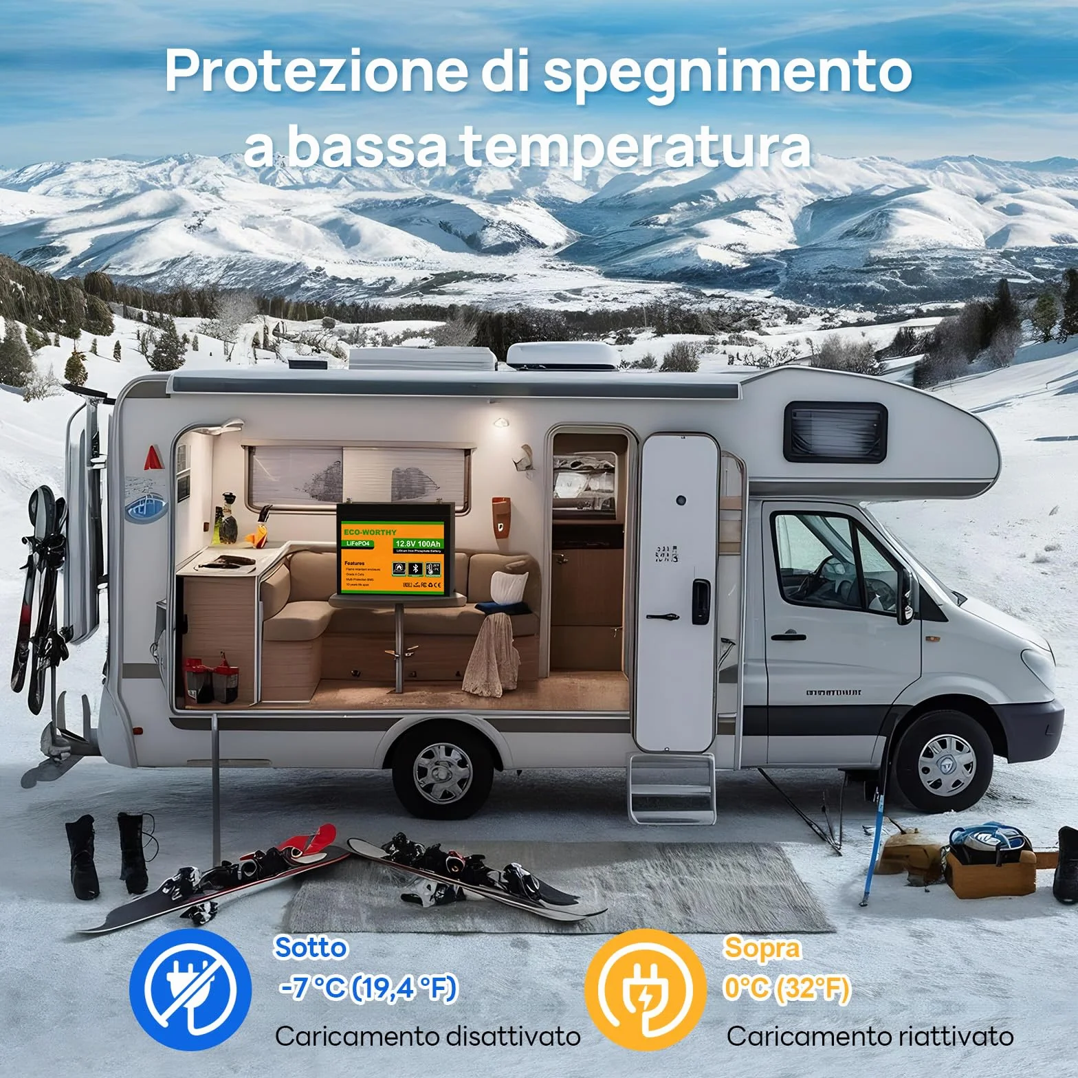 ECO-WORTHY LiFePO4 100 Ah Bluetooth, Batteria al Litio 12 V 100 Ah con Protezione BMS a Bassa Temperatura e max. 15000 Cicli, Batteria da 1280 Wh per Camper, Pannello Solare, Barca