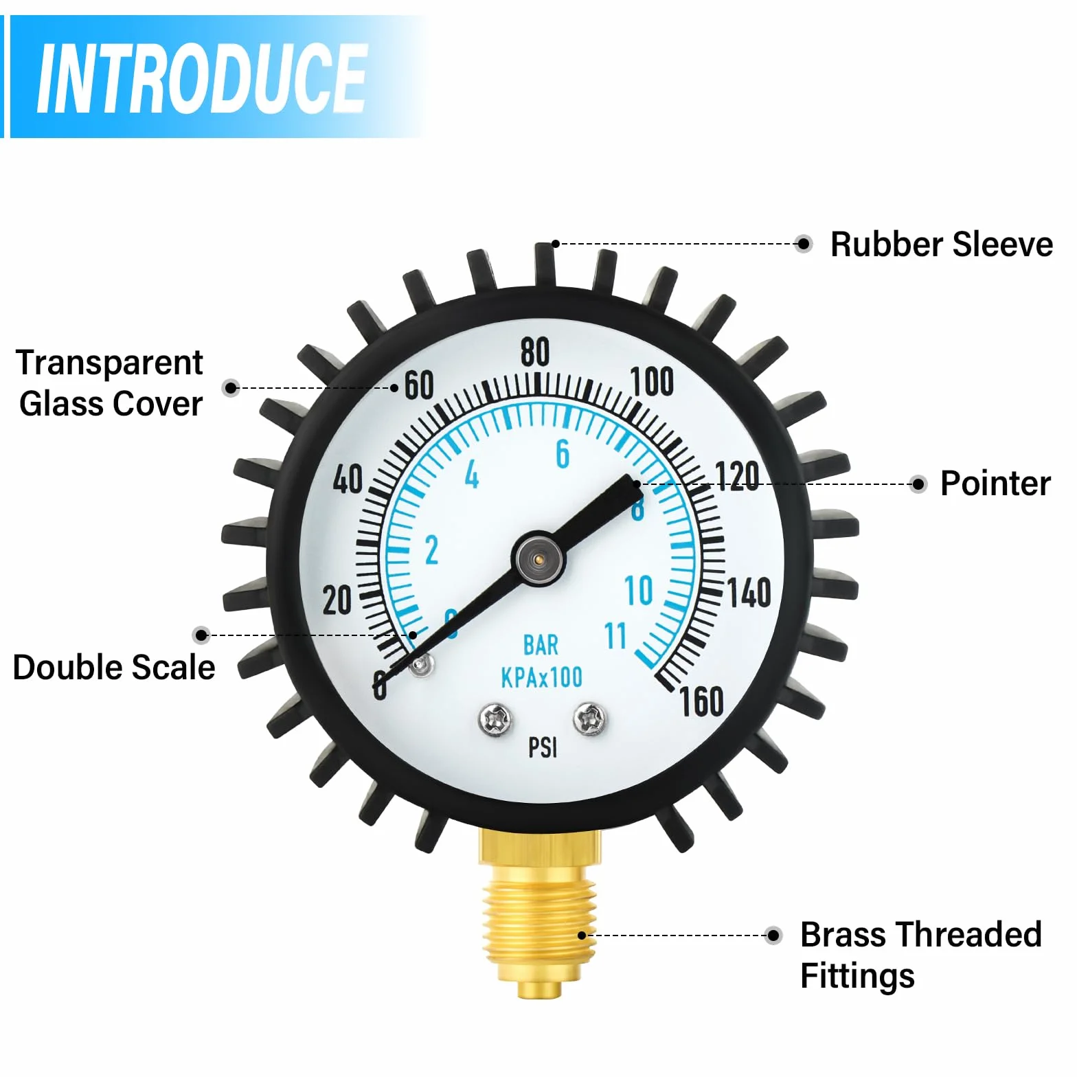 Manometro per pressione dell'acqua 0-11 Bar/0-160 Psi, quadrante da 2" in acciaio inossidabile Manometro per pressione di alimentazione dell'acqua con raccordo per rubinetto flessibile