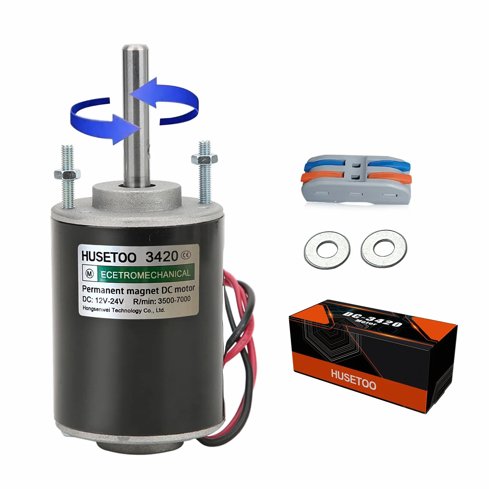 Motore CC ad alta coppia 12V/24V, Motore silenzioso a magneti permanenti con connettore per cavi per progetti fai-da-te,30W CW/CCW 3500/7000RPM(Asse di rotazione allungato)