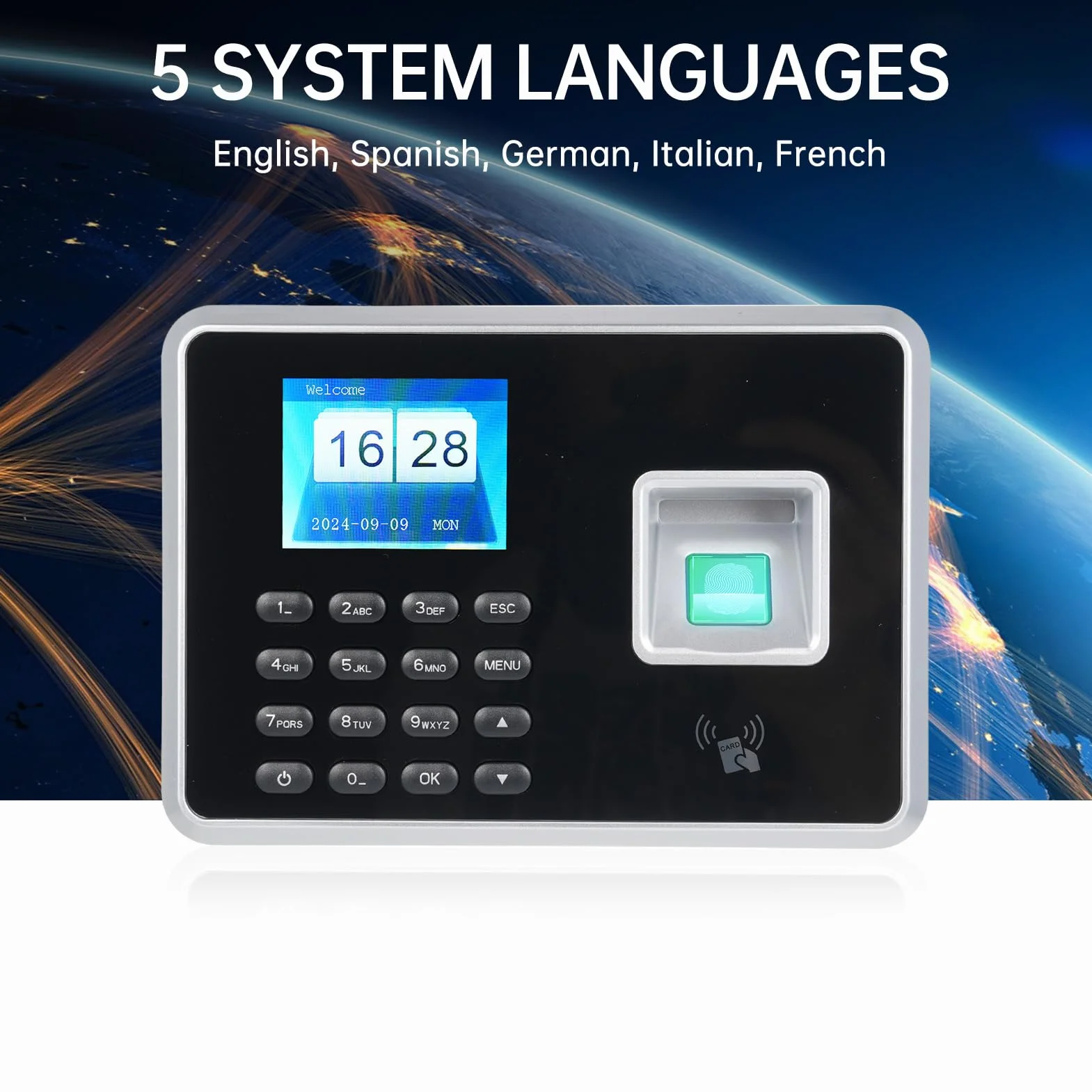 Bisofice A2 Rilevatore Presenze Dipendenti, Timbratrice Presenze con Scansione impronte digitali, RFID, Password, Timbracartellini Prompt Vocale, Display da 2,4", Argento