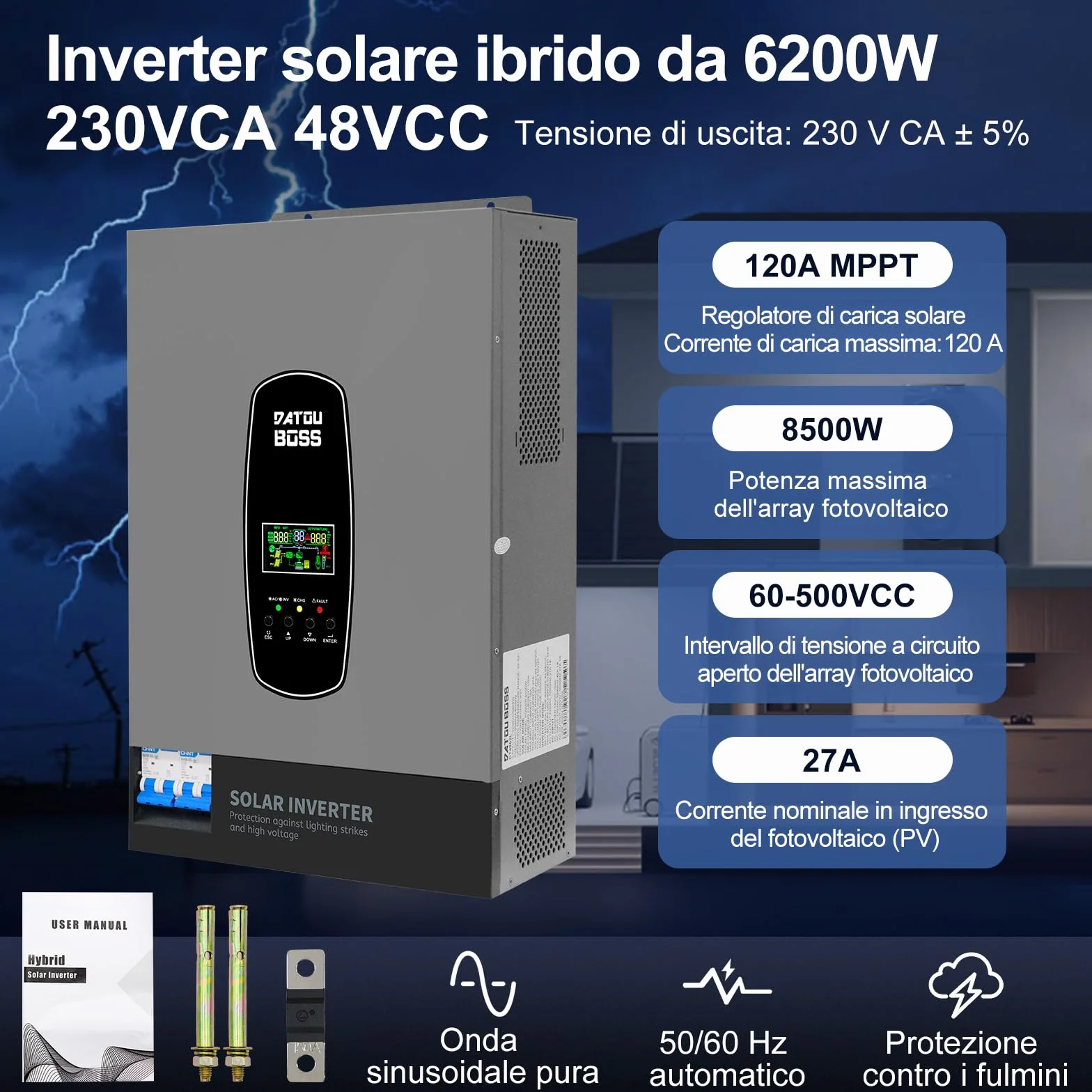 DATOUBOSS 6200W Inverter Ibrido Solare 48V, Onda Pura, Array FV fino a 8500W, Potenza Inverter FV 6500W, Protezione da Fulmini, Avvio Senza Batteria, MPPT Integrato 120A, per Sistemi Off-Grid
