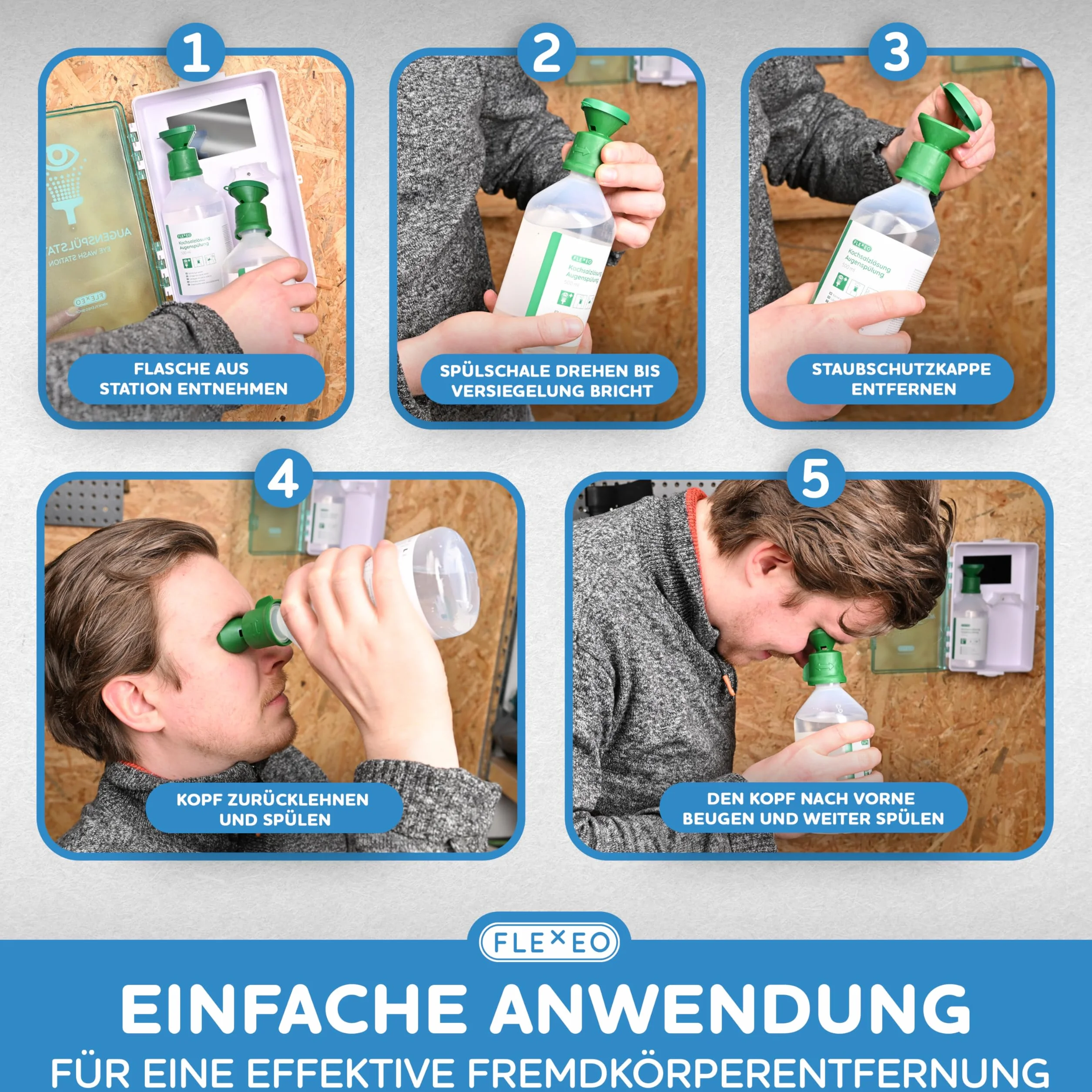 FLEXEO Stazione di lavaggio degli occhi 2 × 500 ml soluzione salina supporto parete Eyewash Station NaCl 0,9%