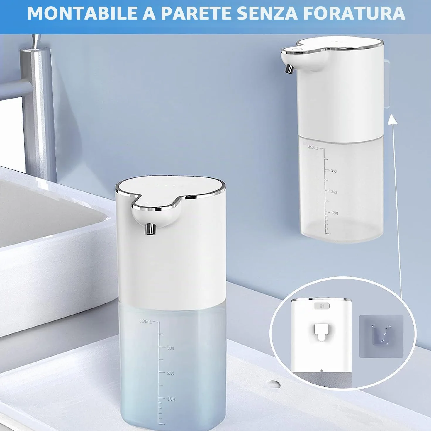 Sapone Liquido Automatico Senza Contatto Ricaricabile 400 ML con Supporto da Parete, 4 Volumi Schiuma Regolabile, Elettrico IPX5 Sensore Movimento Infrarosso, Pulizia Automatica