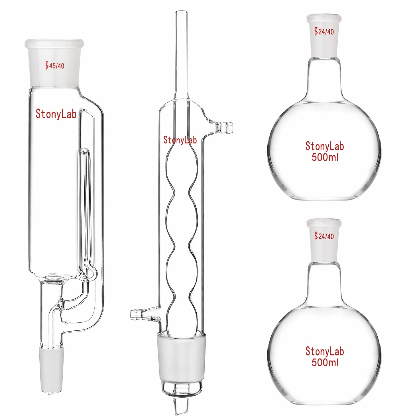 stonylab Apparecchio di Estrazione Soxhlet da 500ml, Vetro Borosilicato, Estrattore Soxhlet 45/40 con Condensatore Allihn e 2 Palloni a Fondo Piatto da 500ml con Giunto 24/40, Unità Completa