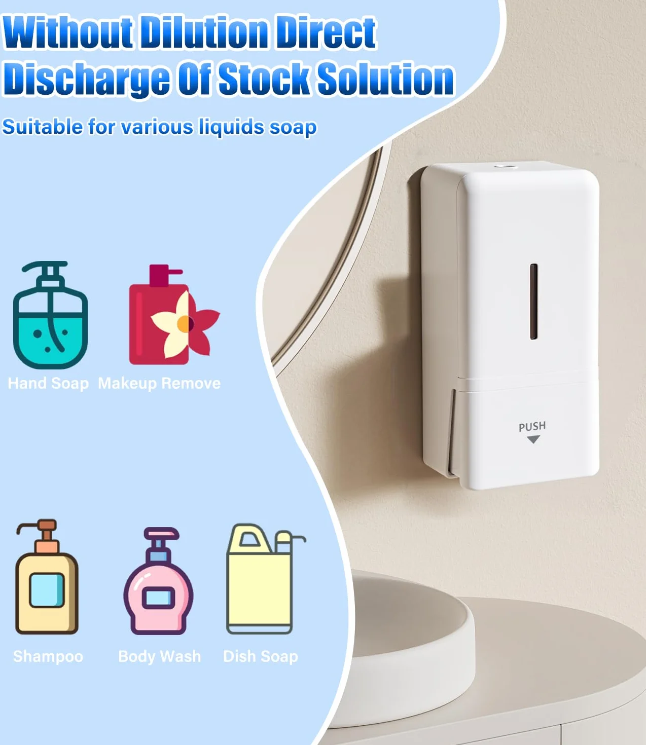 Dispenser Sapone Bagno, Dispenser Sapone Bagno a Muro Ideale per Bagni Commerciali, da Utilizzare con Disinfettanti e Saponi per le Mani, ABS Bianco 800ML Grande Capacità