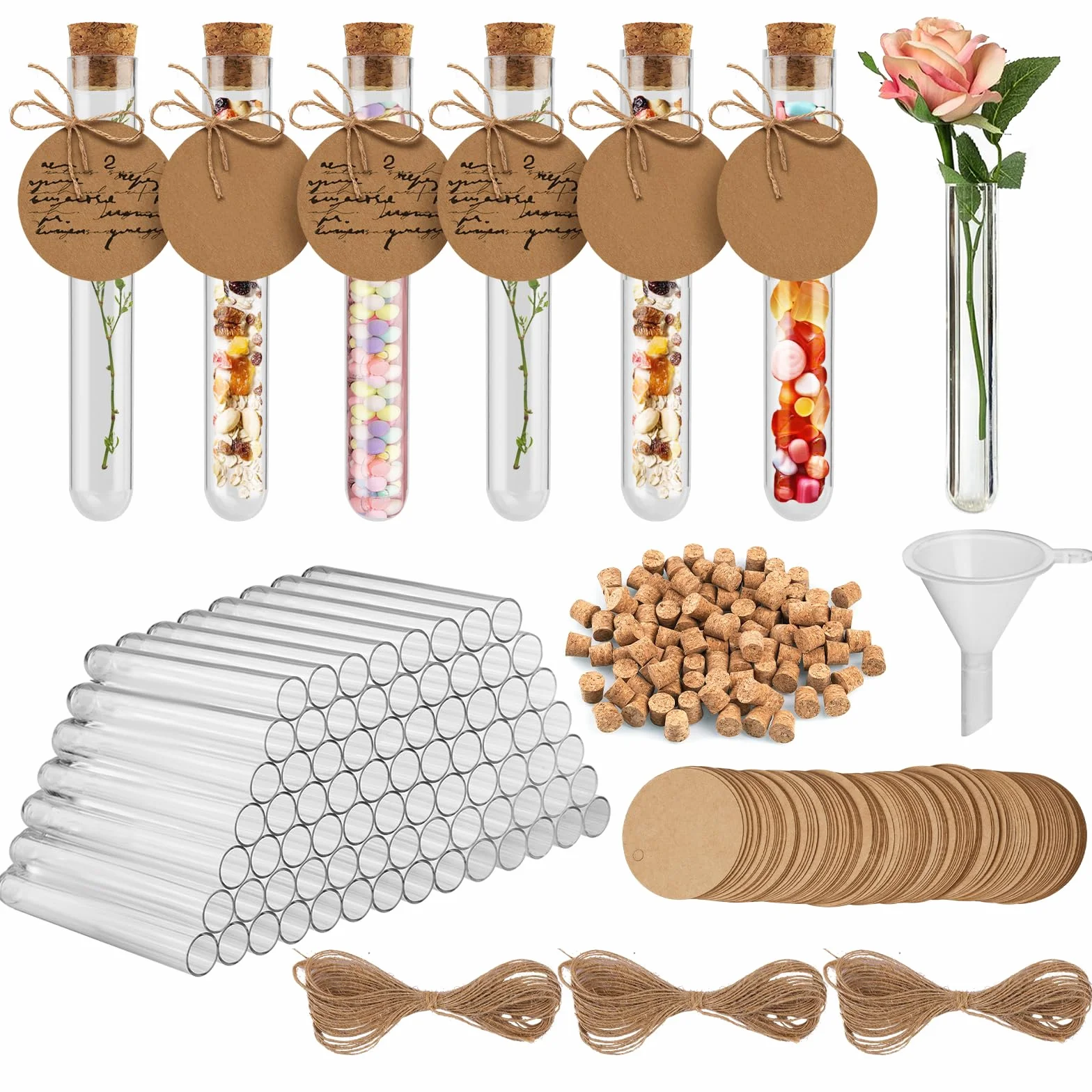 OFFCUP Provette Trasparenti 100PZ con Tappo in Sughero 16x100mm Plastica per Laboratorio Bomboniere Caramella Spezie