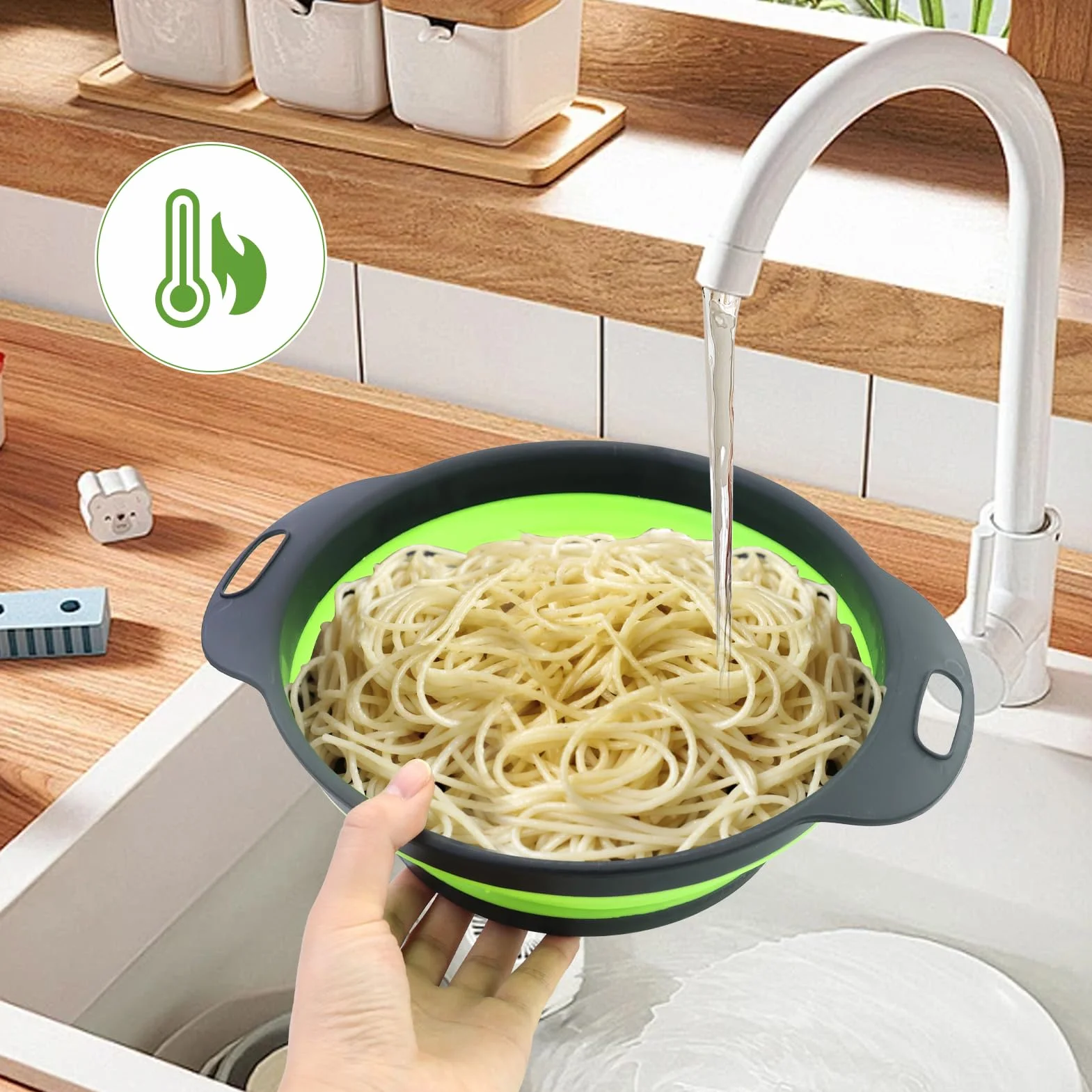 Set 2 Pezzi Grande Scolapasta in Silicone Pieghevole, Blu e Verde, Cucina Pieghevole sopra Il Lavandino del Silicone Colander/Setacci, Lavabili in Lavastoviglie(28.5CM)