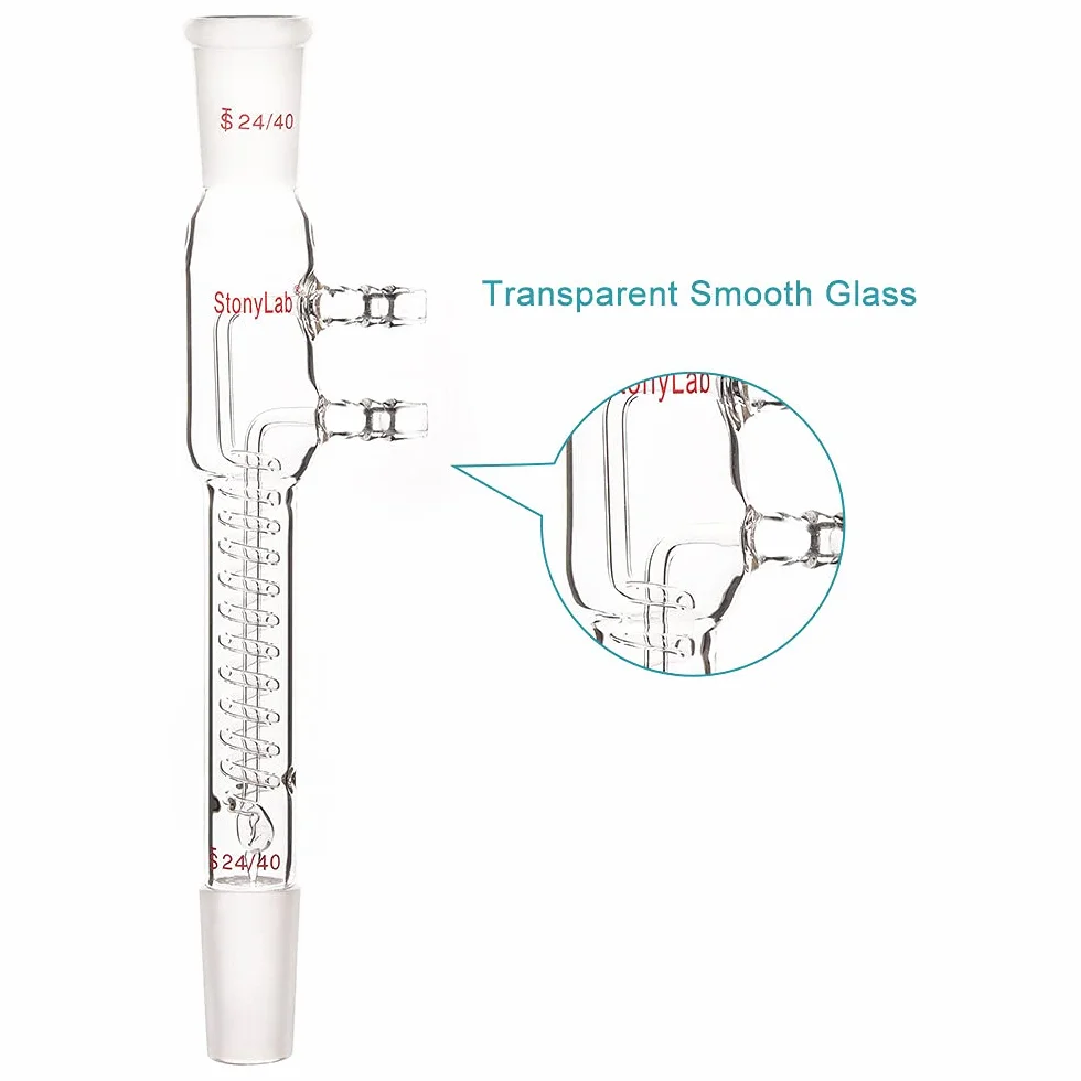 stonylab Condensatore a Riflusso a Bobina di Vetro, Vetro Borosilicato Condensatore a Bobina di Riflusso Dimroth con 24/40 Giunti e Raccordi per Tubi Flessibili, Lunghezza Totale 245 mm