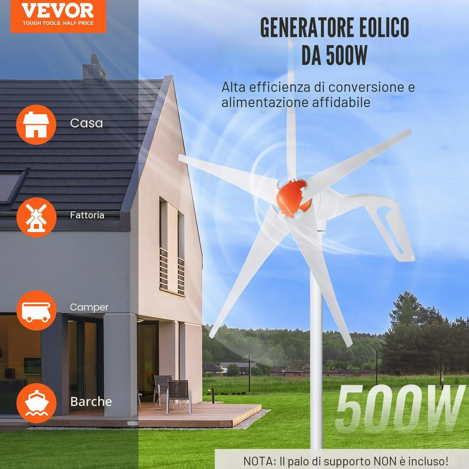 VEVOR Generatore Eolico 500 W, Direzione Regolabile Velocità del Vento Iniziale 2,5 m/s Adatto per Casa Fattoria Camper Barche, Kit Turbina Eolica 12 V Generatore Eolico 5 Pale con Controllo