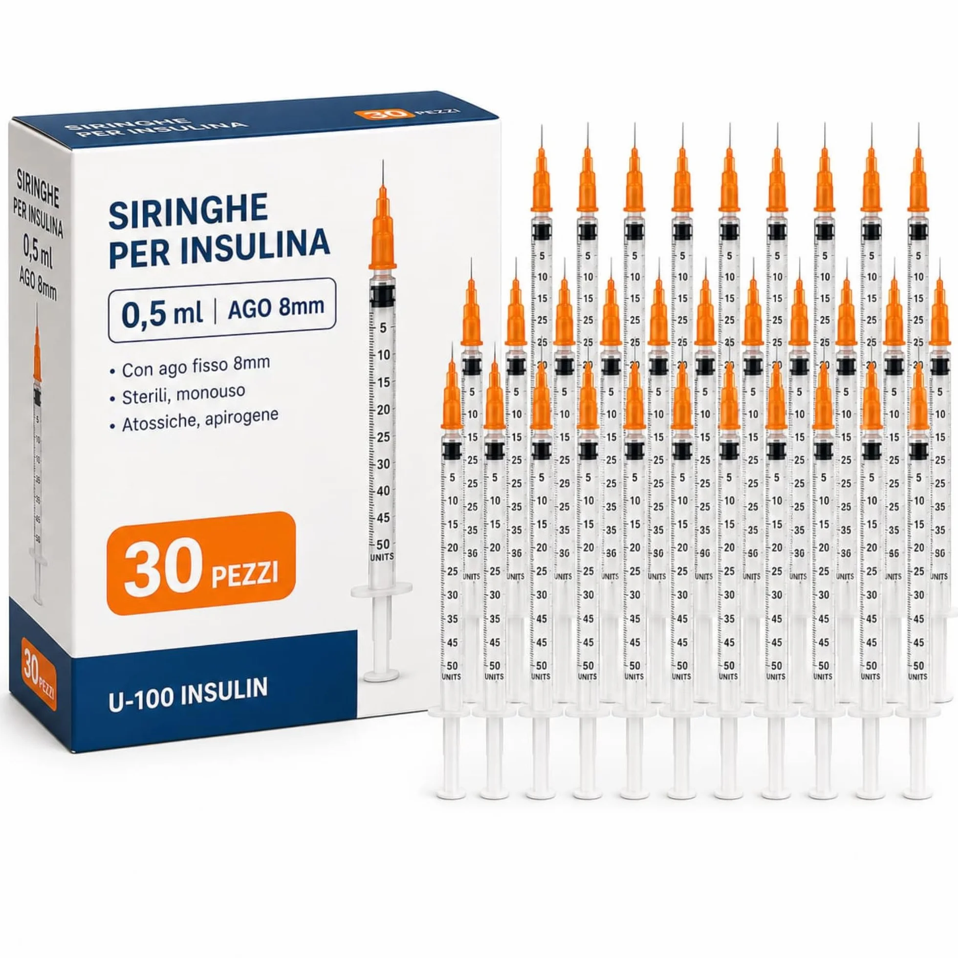 Siringhe per Insulina, U-100 - 0,5 mL - (50 UI) - con Ago fisso da 8mm - Sterili Monouso - Confezione da 30 siringhe (3 buste da 10). Marchio Made in Italy.
