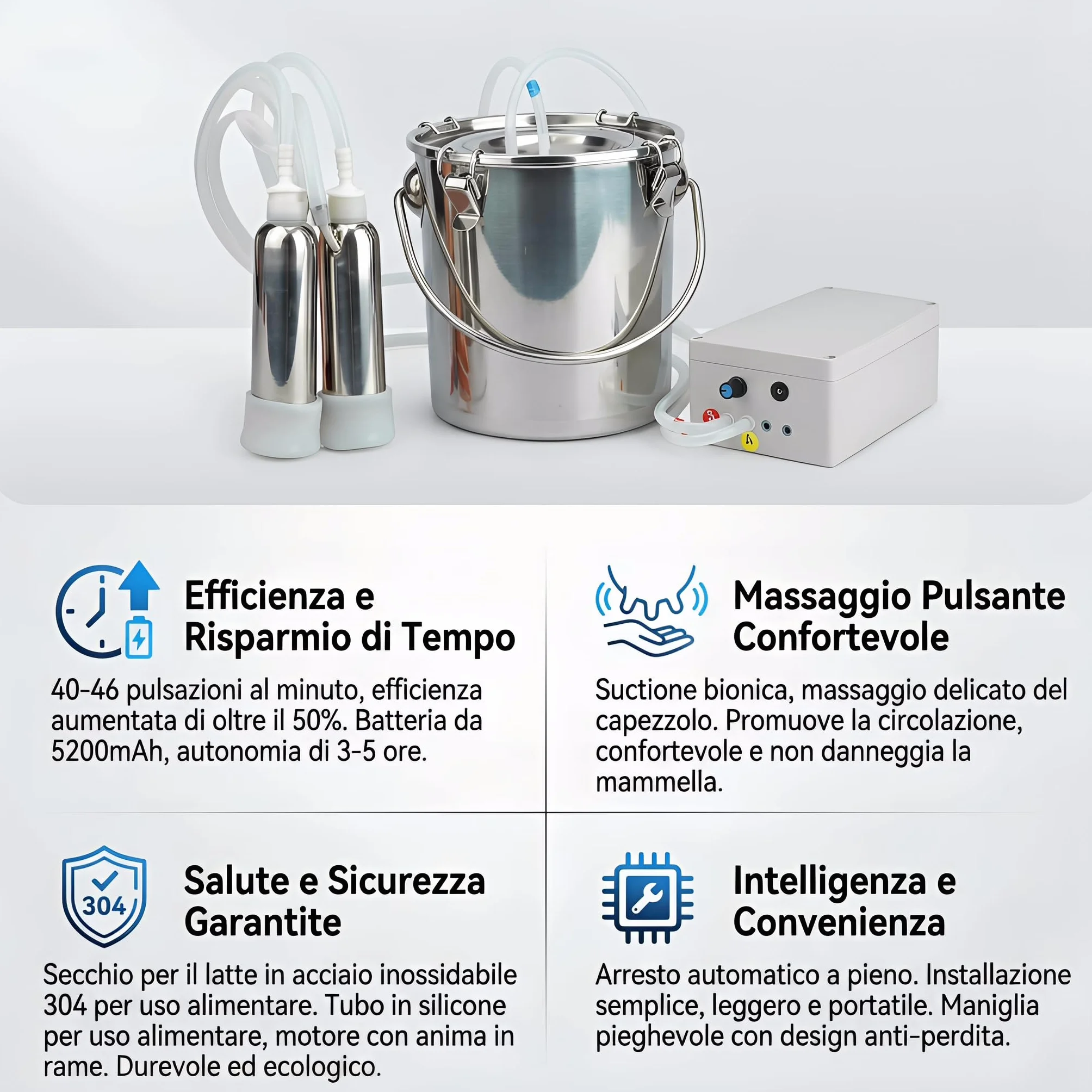 Mungitrice per mucche, 【KOUBHYJ 12L Attrezzatura per la Mungitura】[Integrato-Caricabile e collegabile-Massaggio pulsante]con Secchio in Acciaio Inox 4 Tettarella In Gomma per Mucche