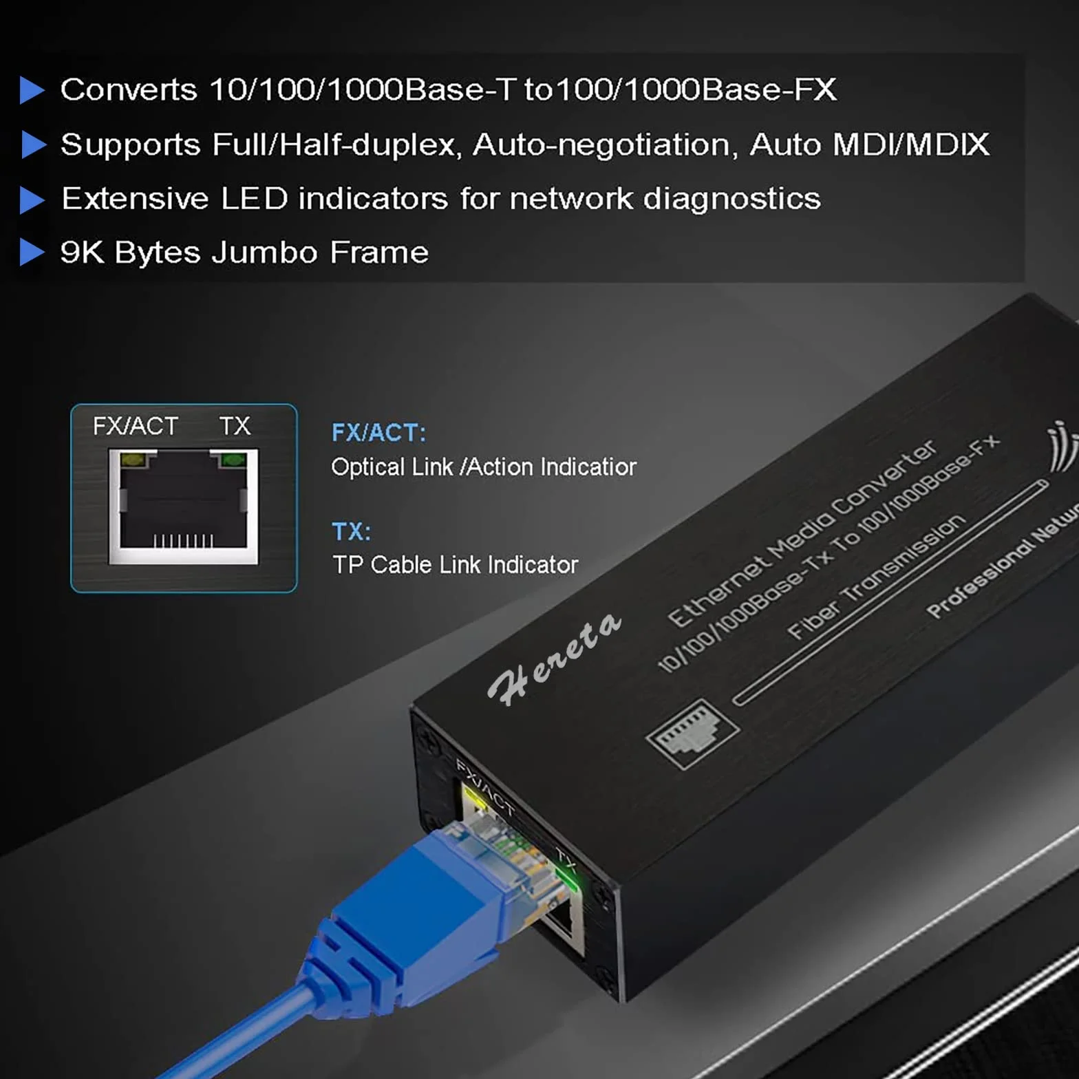 Gigabit Ethernet Media Converter, Modo Singolo LC, 10/100/1000M RJ45 a 100/1000Base-LX, 1310nm, 20km