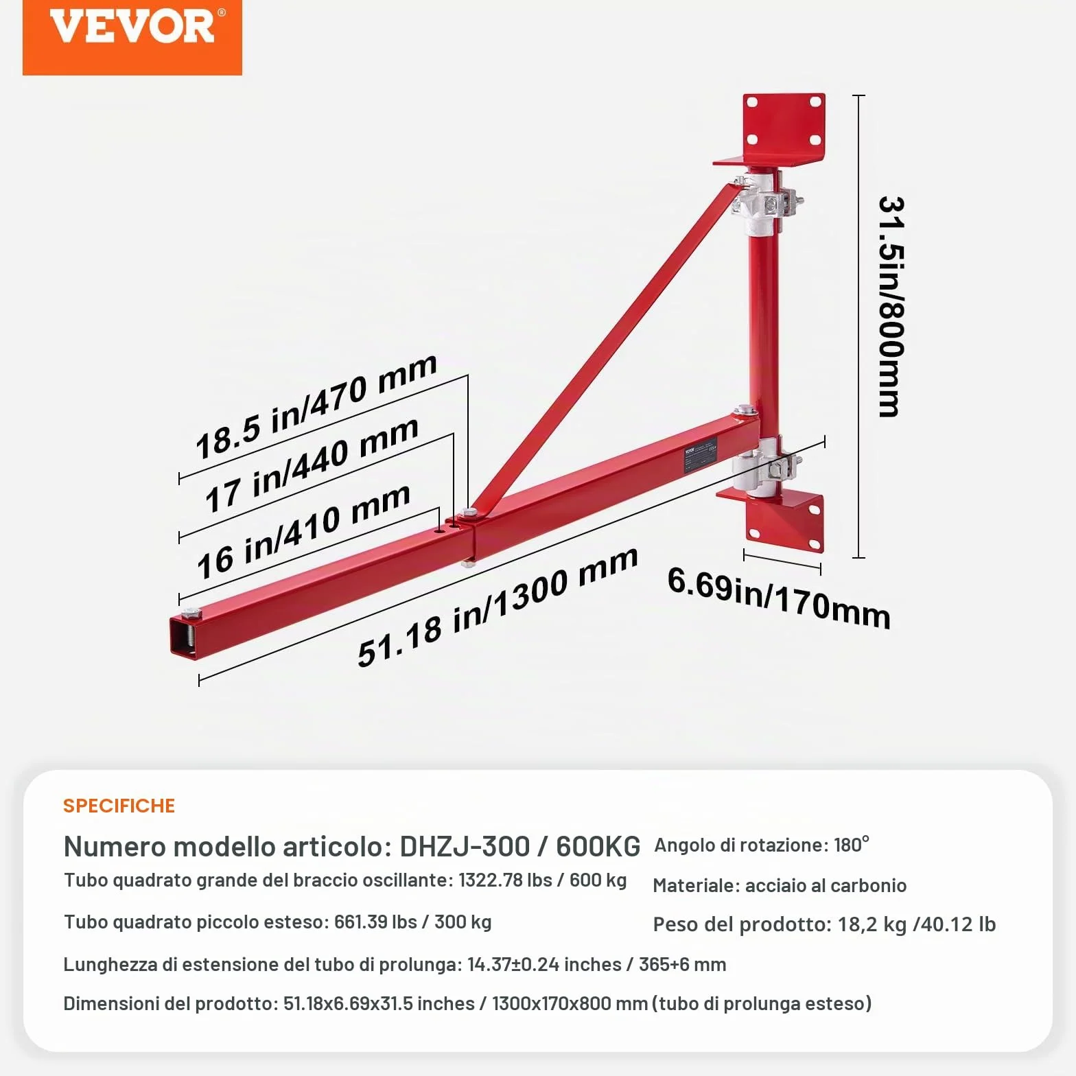 VEVOR Braccio Supporto per Paranco Elettrico, Capacità Carico 600 kg, Braccio di Supporto per Paranco Girevole con Asta, Telaio di Sollevamento in Acciaio a 180° per Officina, Garage