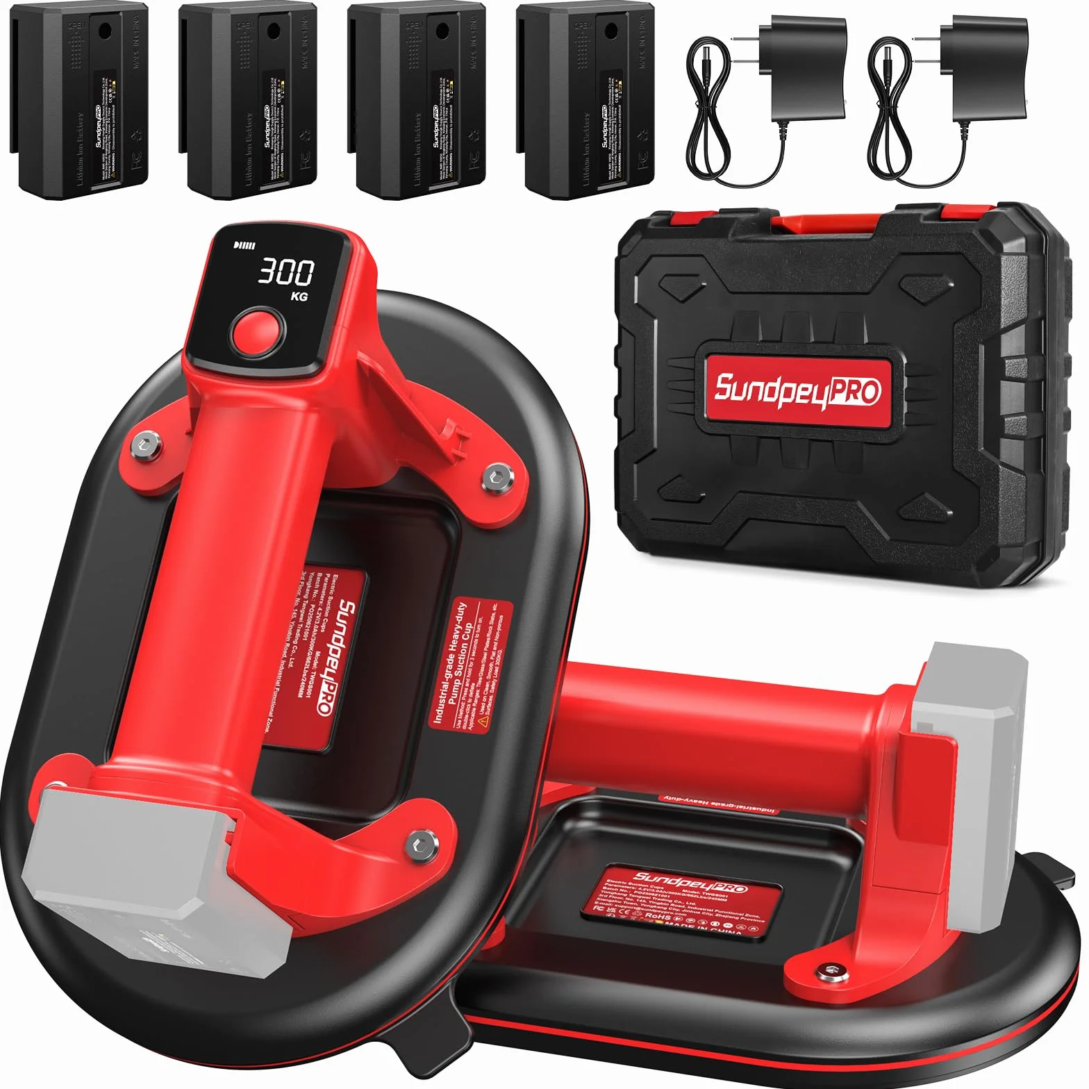 Ventosa per Piastrelle a Batteria, 2 Pezzi SundpeyPRO 10" Ventosa Elettrica con Carico Massimo di 300KG con 4 x 3,0Ah Batterie, Display LCD, Ventose in Vetro per il Sollevamento di Granito e Marmo