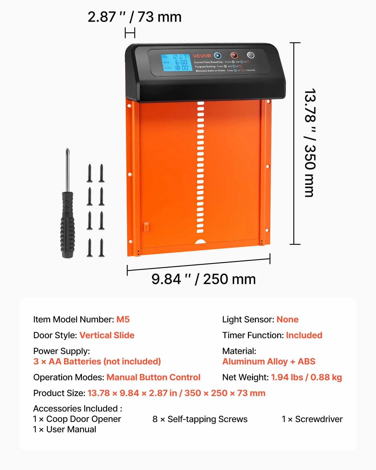 VEVOR Automatica Porta Pollaio Apriporta in Lega Alluminio Impermeabile Timer Antipizzicamento
