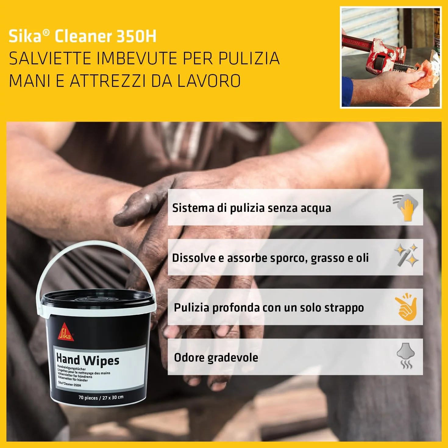 SIKA SikaCleaner-350H Salviette detergenti multiuso 70pz Rimuovono colla grasso e olio