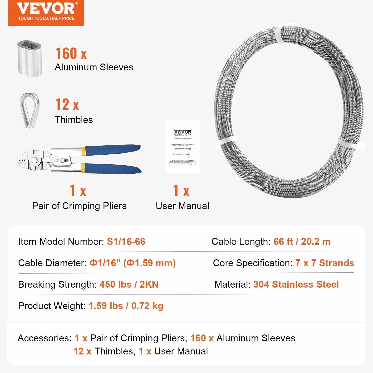 VEVOR Kit Cavi Metallici 1,59 mm 20,2 m Cavo Acciaio Inossidabile 304 con Pinze a Crimpare 160 Manicotti 12 Redanelli 7x7 Fili