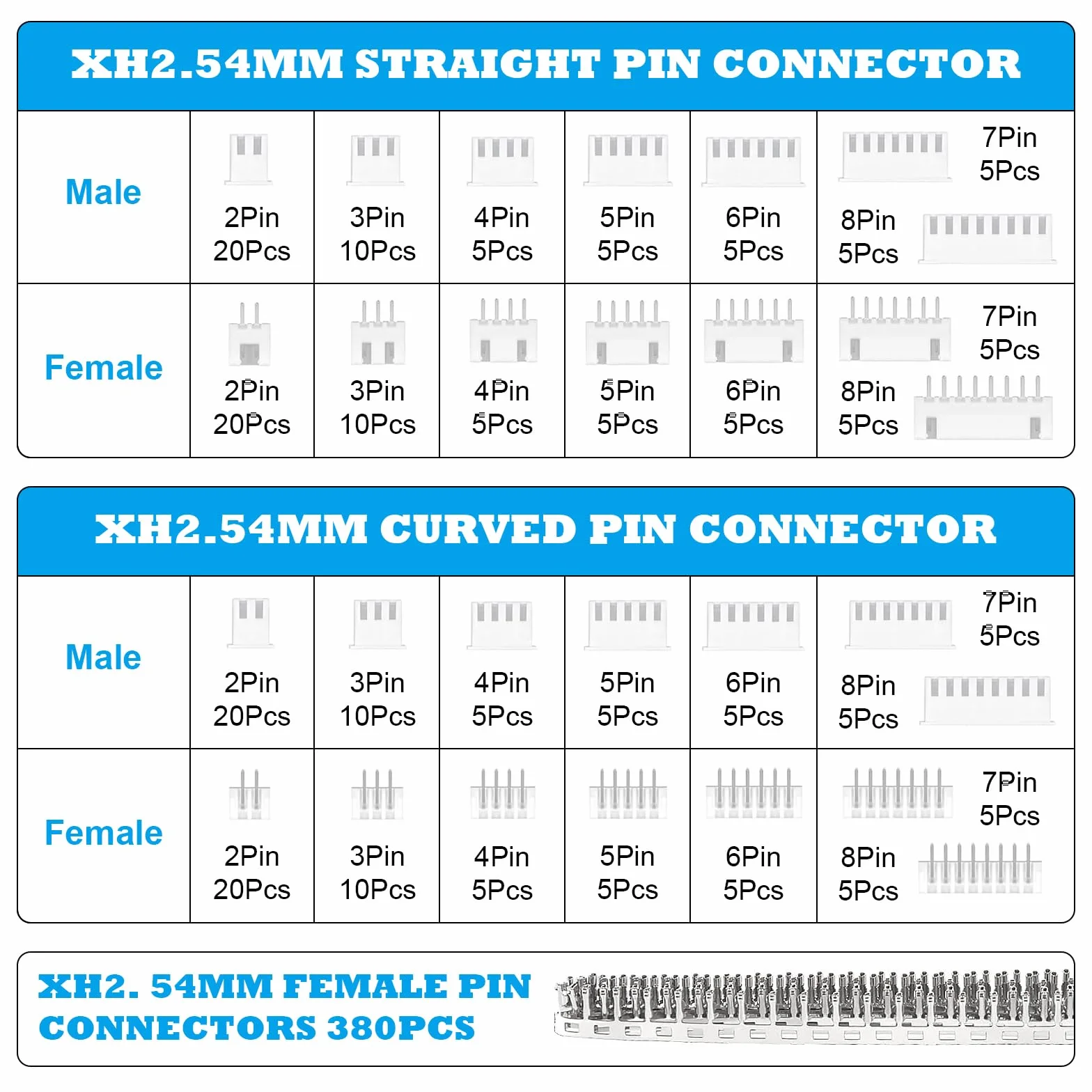 JST XH - Set di 600 connettori femminili, 2,54 mm, 2,54 mm, 2, 3, 4, 5, 6, 7, 8 pin, maschio, femmina, Jst-xh, connettore femmina