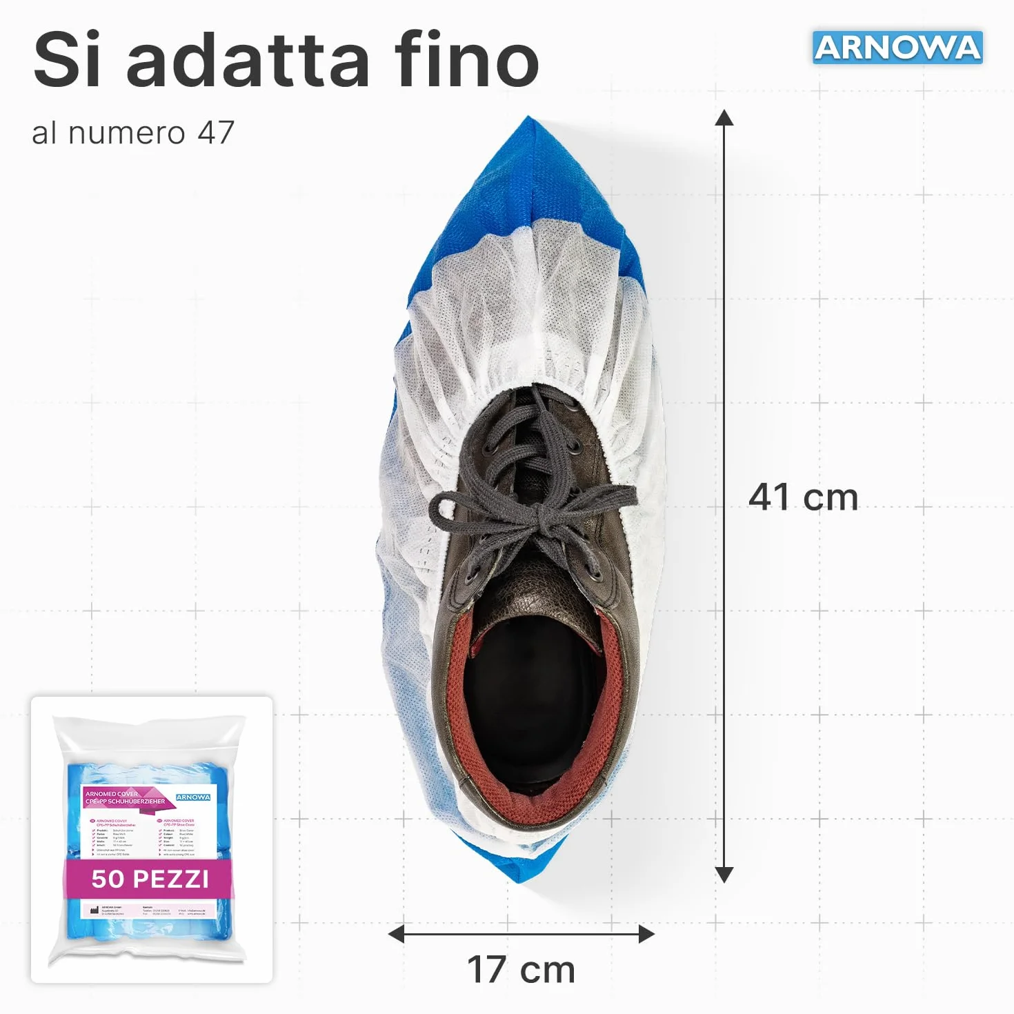 ARNOMED Copriscarpe monouso CPE PP 50 pezzi 17x40cm calzari usa e getta bianchi suola CPE blu taglia unica