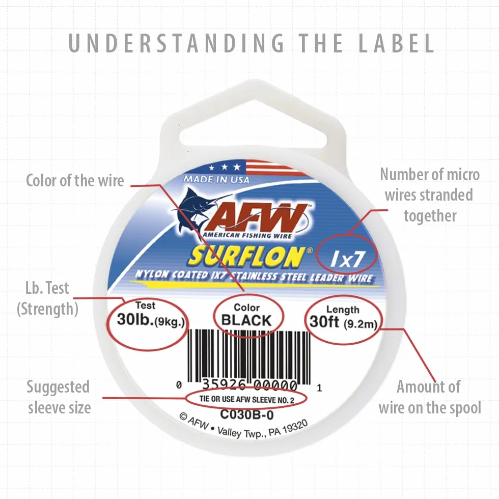 American Fishing Wire Surflon Nylon Rivestito 1x7 Acciaio Inossidabile Leader Wire Pesca Acqua Salata Test 113,4 kg 9,1 m