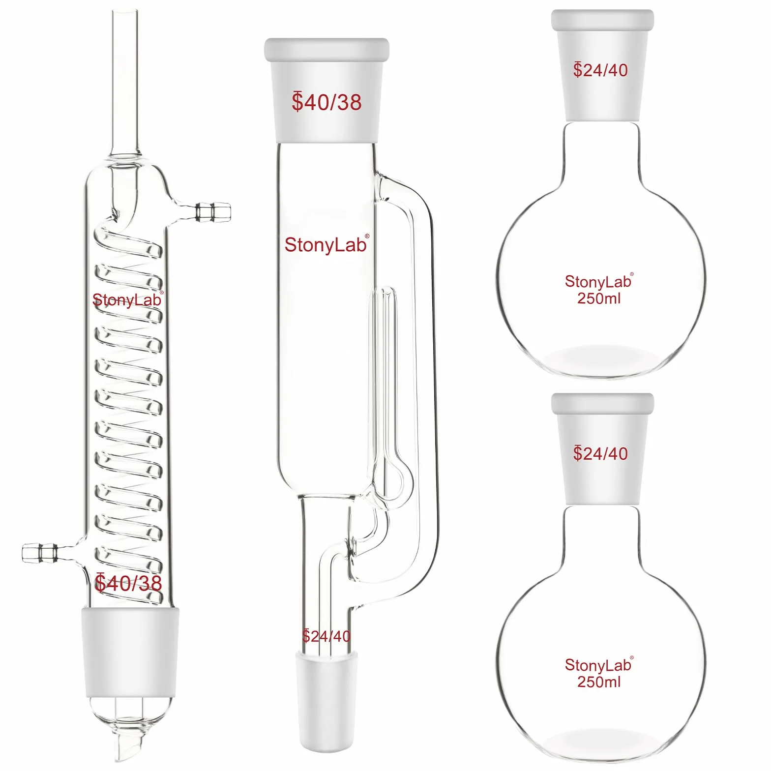 stonylab Kit di Estrazione Tipo Soxhlet, Vetro Borosilicato 40/38 Estrattore Soxhlet con Graham Condenser e Due Palloni a Fondo Piatto 24/40 da 250 ml per Processi di Estrazione