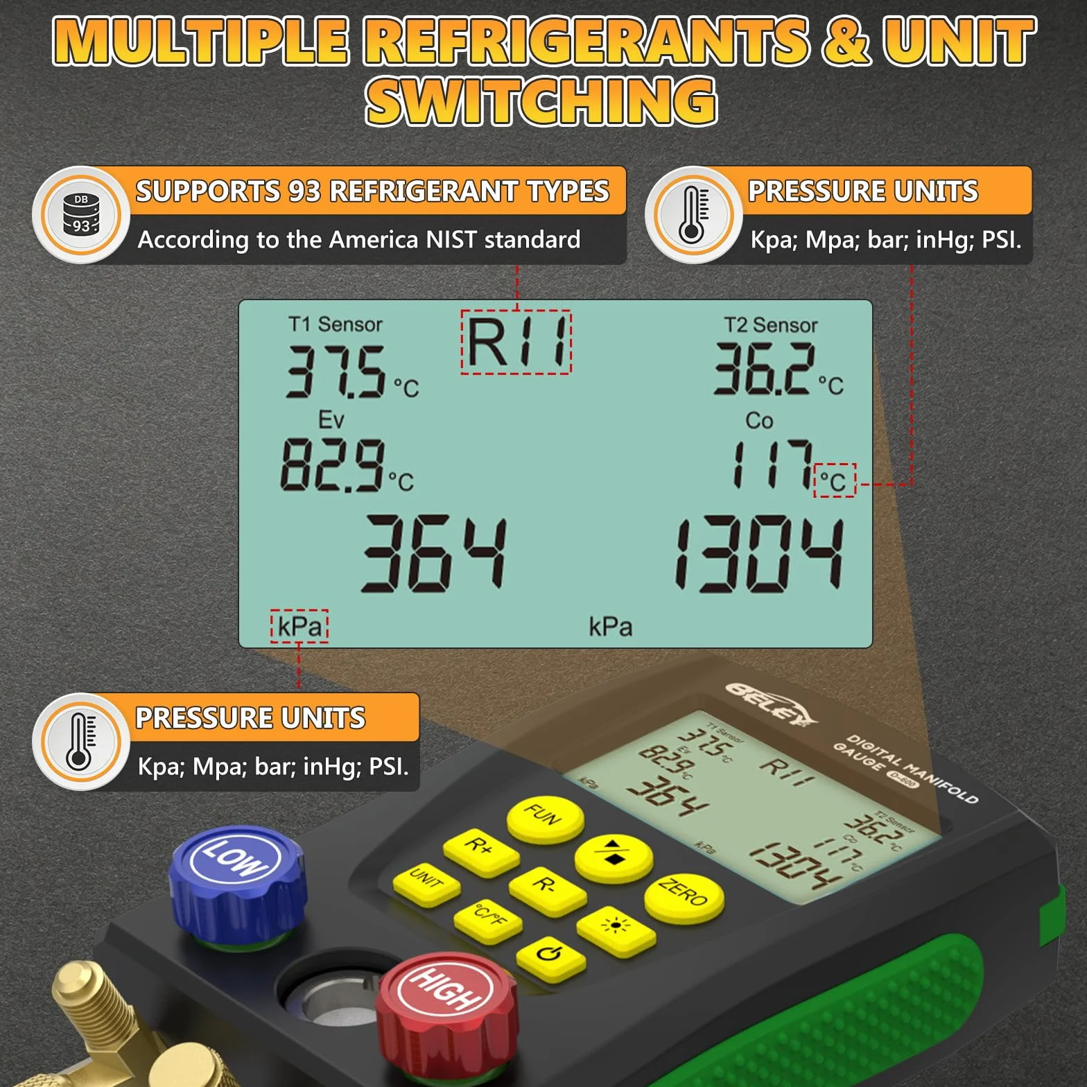 Refrigerazione Digital Collettore Gauge Meter- PARAOUTIL Tester Pressione e Temperatura del Vuoto HVAC per 89 Tipi Refrigeranti (R32 R410a) per la Manutenzione del Condizionatore D'aria, Frigorifero