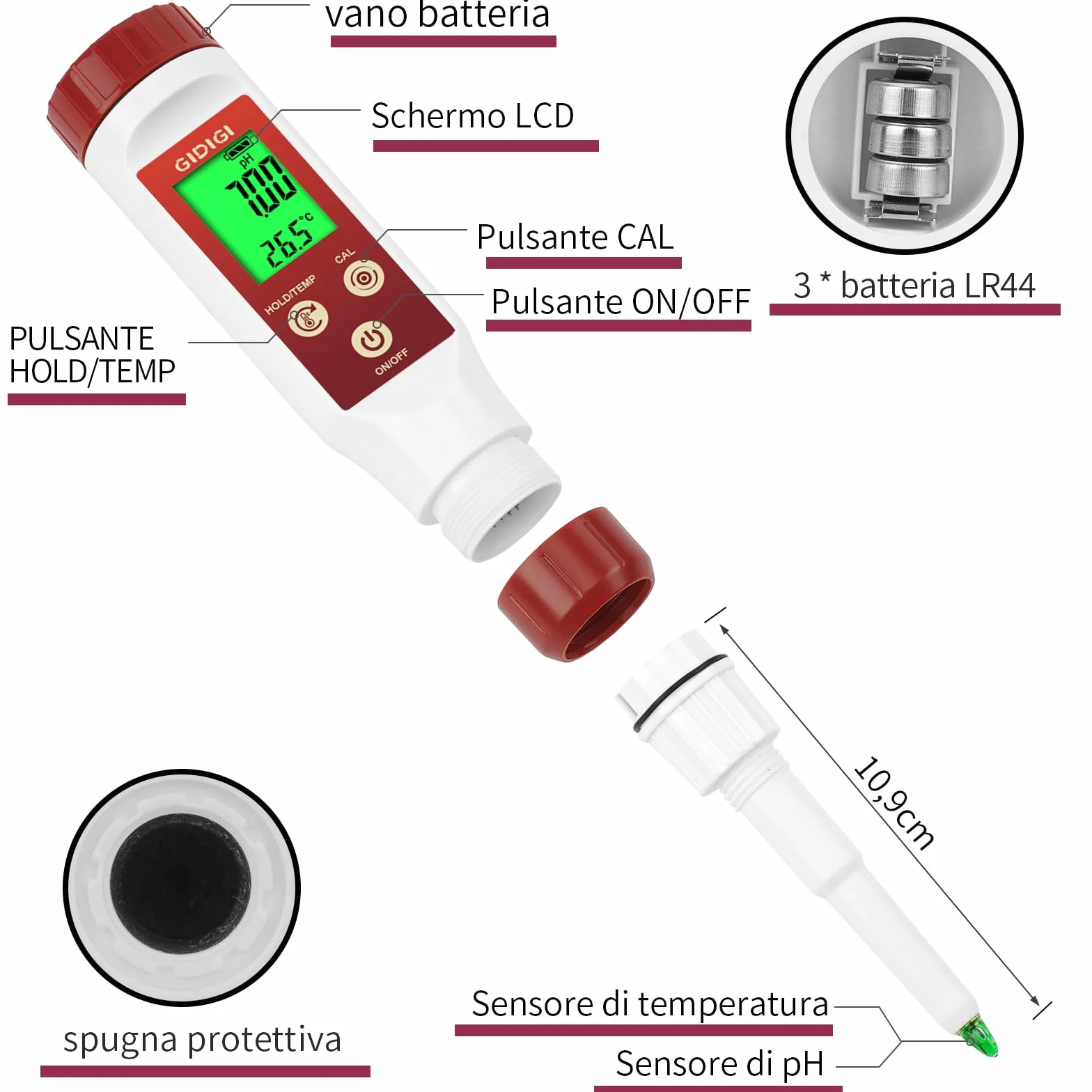 Tester di pH per alimenti GIDIGI, sonda di pH per pasta madre e pane, misuratore di pH professionale per fermentazione, formaggio, carne, inscatolamento, sonda di pH a lancia per semisolidi, acqua