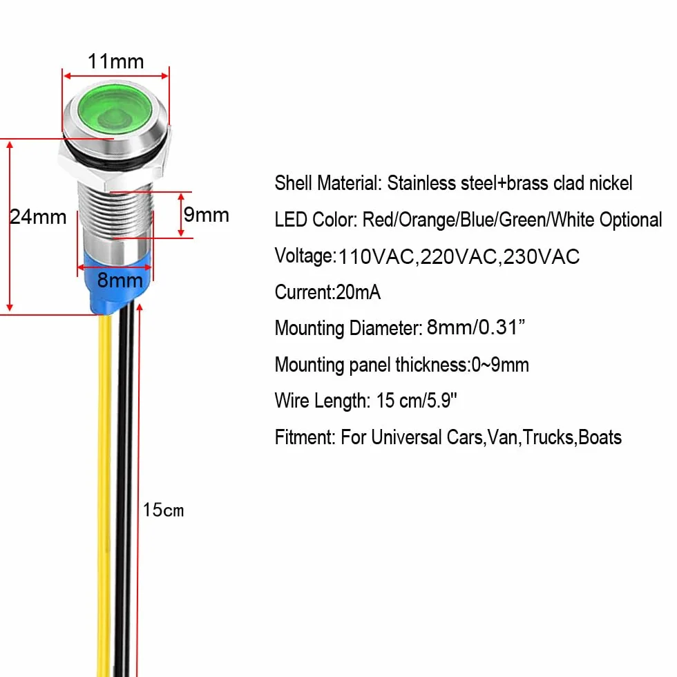 Gebildet 5pcs 8mm 230V AC LED Indicatore Luminoso in Metallo Lampada di Segnalazione Impermeabile (Verde)