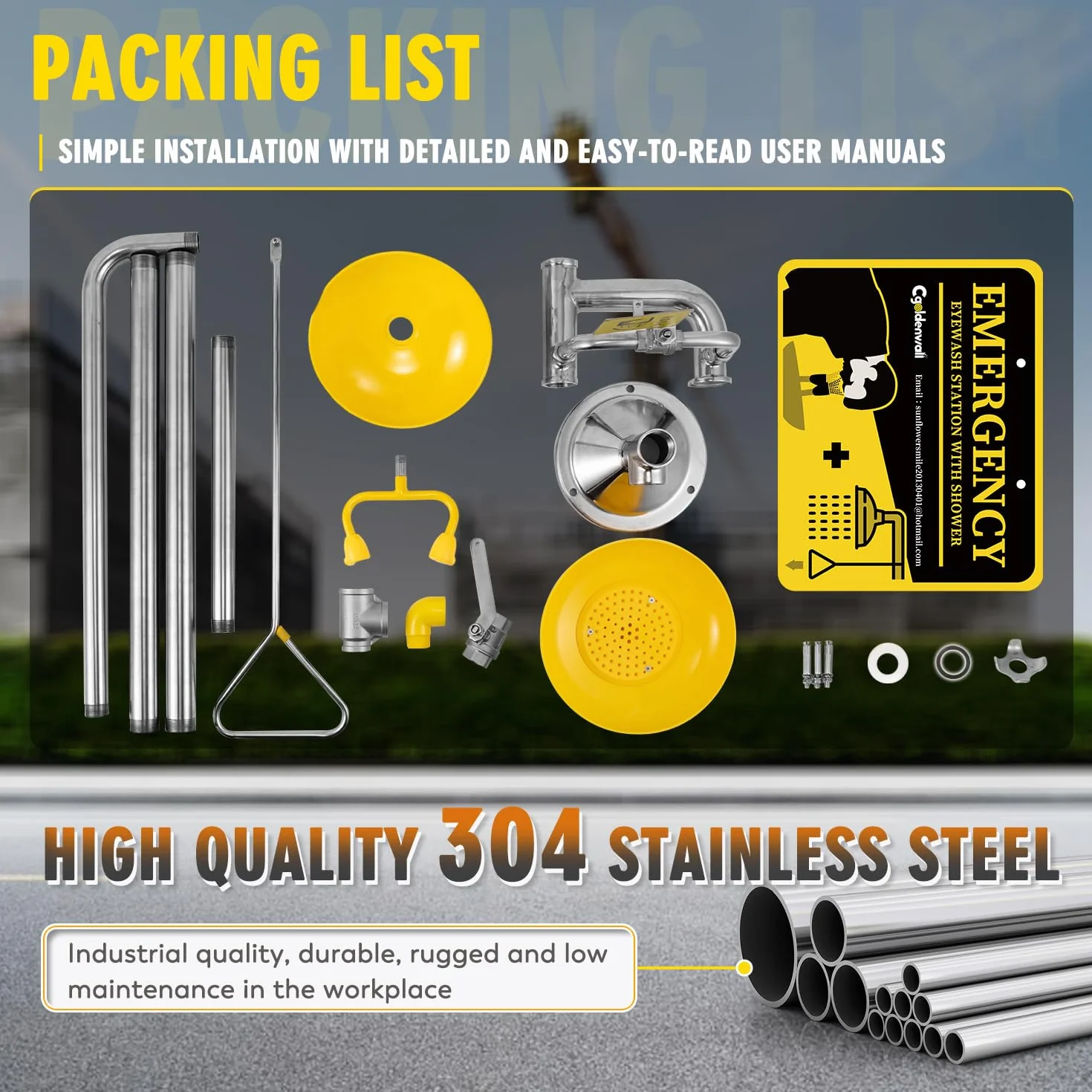 CGOLDENWALL Stazione Combinata Lavaocchi e Doccia d'Emergenza, Acciaio Inox 304, Vasca ABS, 12L/Min & 75,7L/Min, Filtro Antideflagrante per Uso Industriale