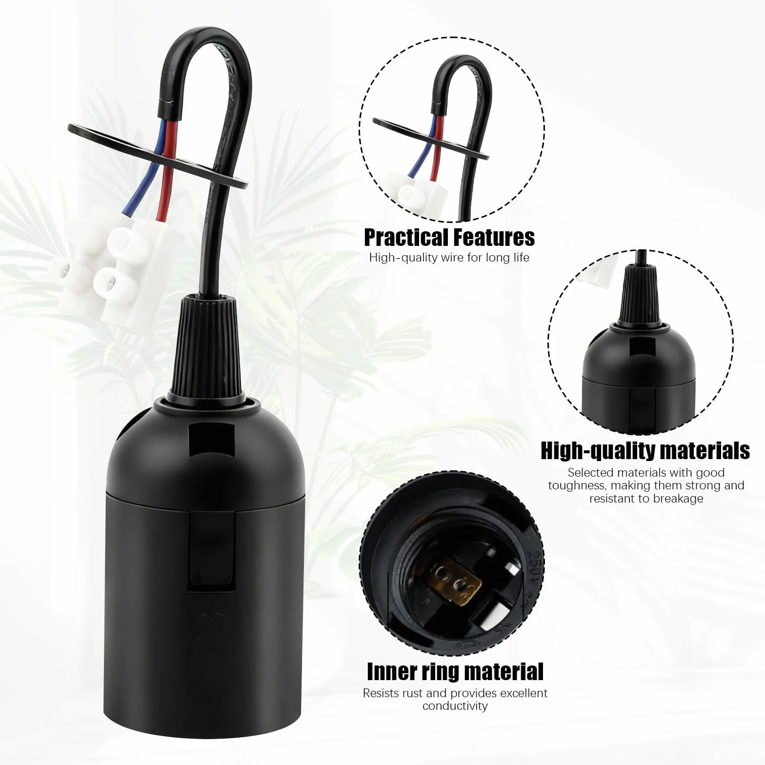 10 Pezzi Portalampada E27, Porta Lampada Soffitto, Portalampada con Cavo, Porta Lampada Esterno con Tester Tensione per Cantiere, Lavori, Ristrutturazione, Lampade Sospensione, Cucina, Nero