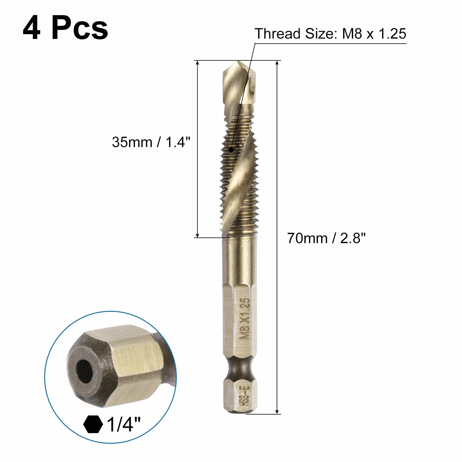 QUARKZMAN 4pz Punte Trapano Maschi Filettare Metrici M8 x 1.25 Attacco Esagonale 1/4" Acciaio Alta Velocità Kit Foratura Filettatura