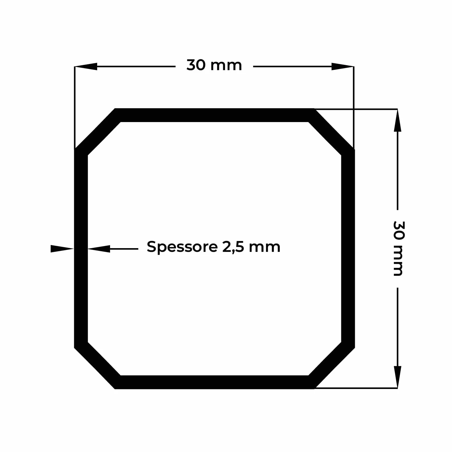 Tubo in ferro quadrato vuoto martellato 30x30 mm spessore 2,5 mm 2000 mm Made in Italy