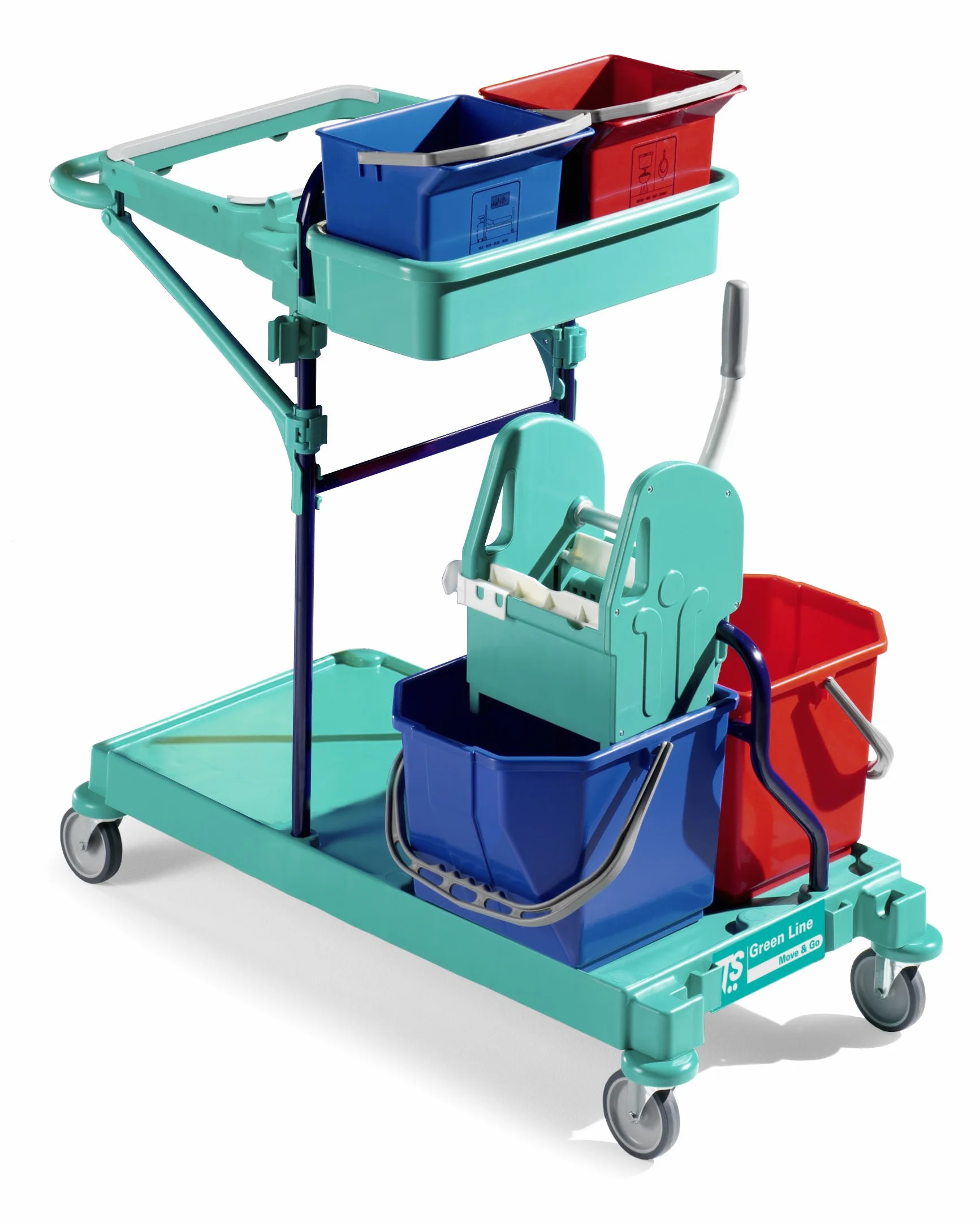 TTS 0B003400 Green 400 Carrello per la Pulizia, Due Secchi da 15 Litri e Strizzatore, Due Secchi da 6 Litri e Una Vaschetta Portaoggetti, Portasacco da 120 Litri