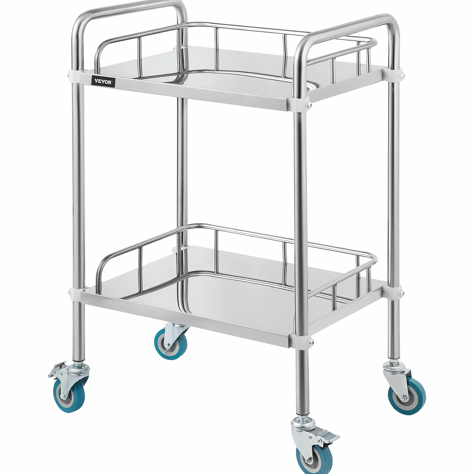 VEVOR Carrello da Laboratorio, 2 Strati Carrello Medico in Acciaio Inox, con 4 Ruote a 360° 2 Freni, Argento, per Ospedale, Farmacia ed Estetica, Laboratori, Salone di Bellezza, Centro di Ricerca