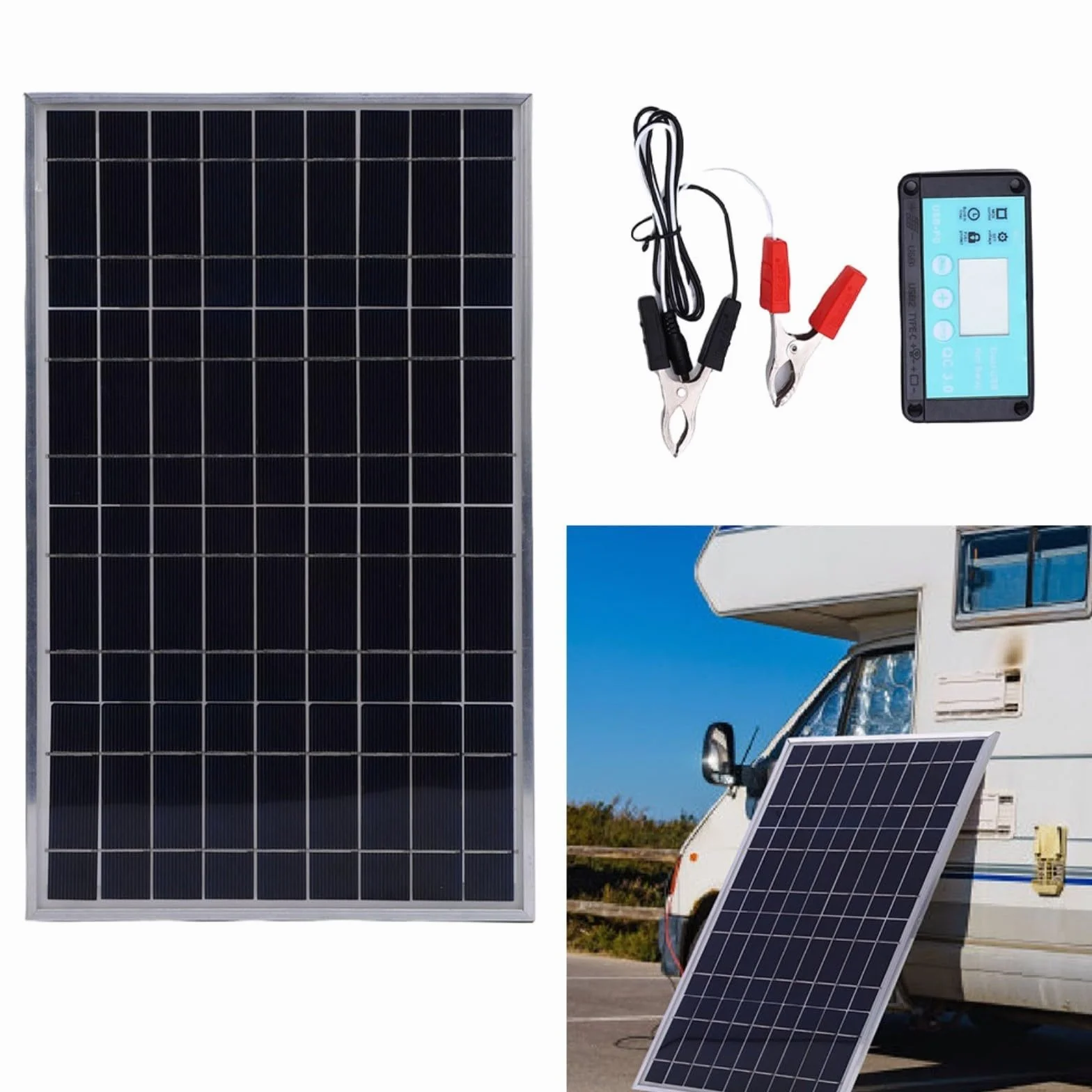 Pannello solare 100 W con regolatore di carica, fotovoltaico resistente alle intemperie con telaio in alluminio, 12 V, 24 V, impianto solare per camper ed esterni