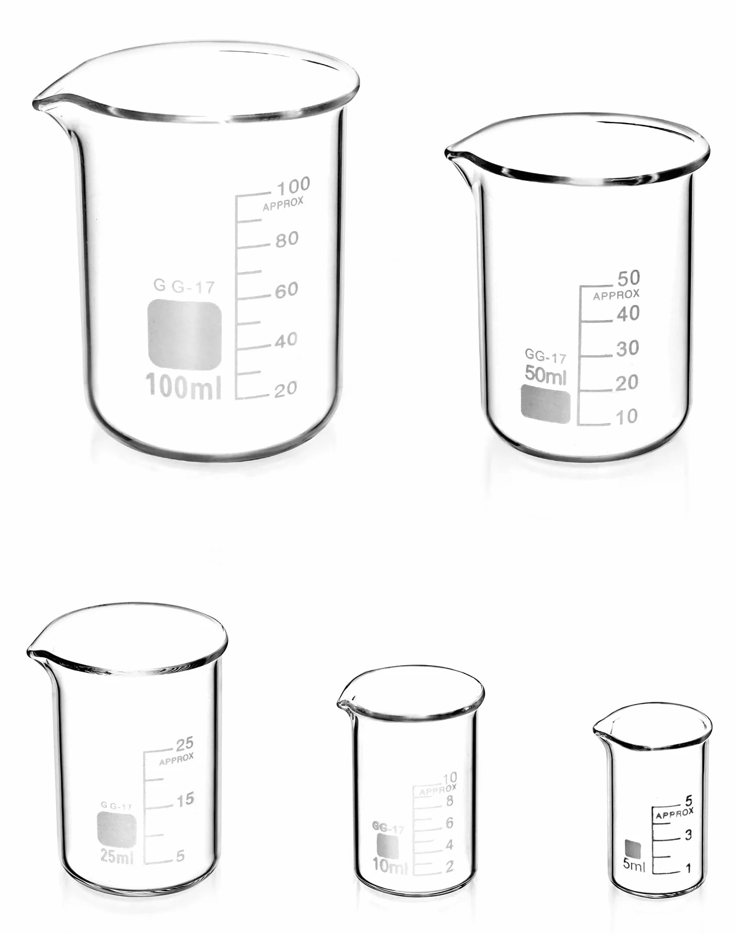 QWORK® 5 Pezzi Becher Graduato in Vetro Borosilicato 3.3, 5ml-100ml Misurino per Laboratorio