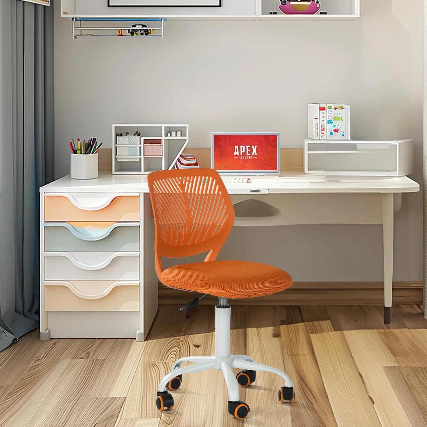 FurnitureR Sedia ergonomica compatta per scuola, schienale in rete traspirante, altezza regolabile, arancione
