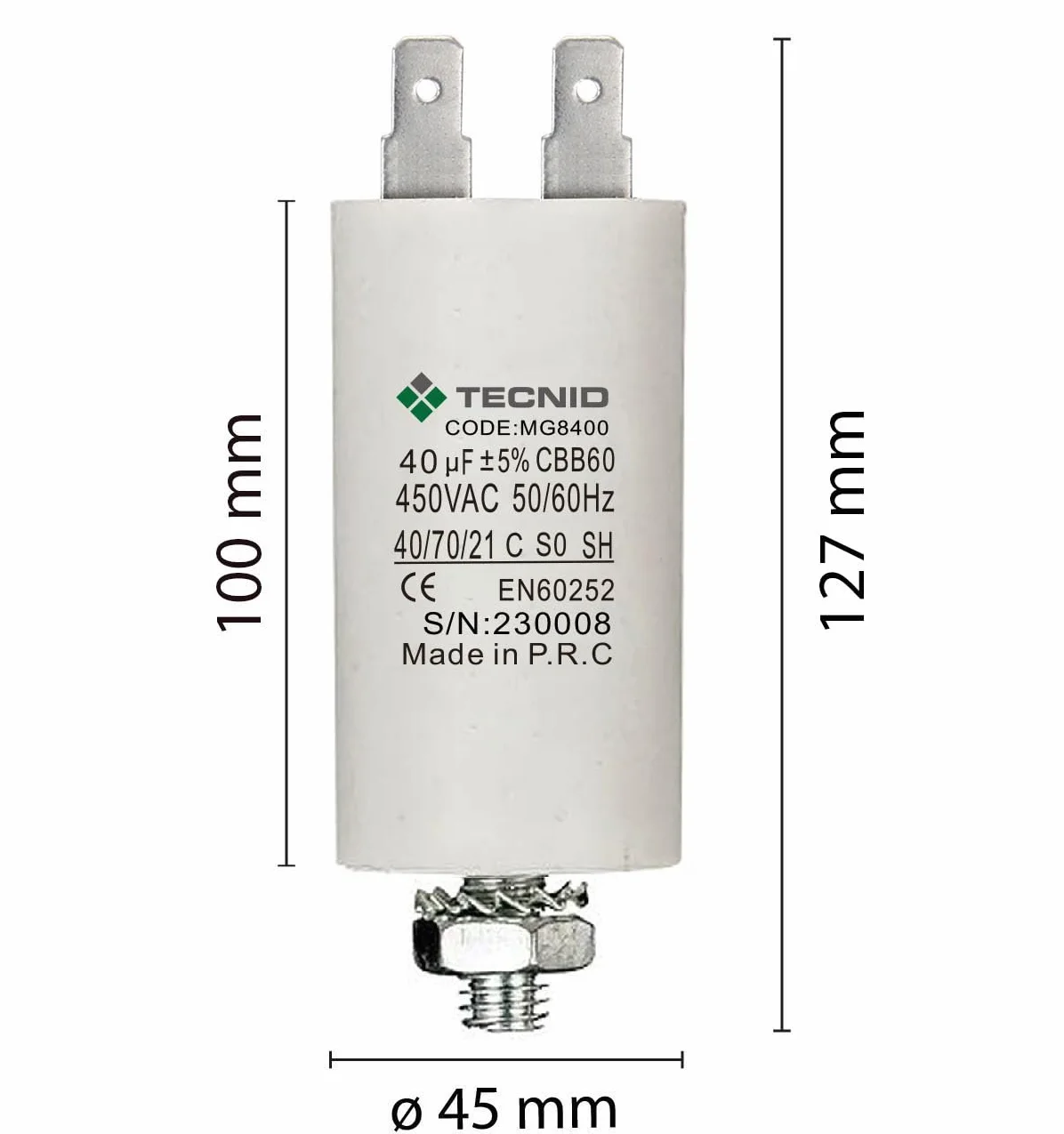 Condensatore di Spunto 40µF 450V 4 Pin M8 per Motori Elettrici Pompe Compressori