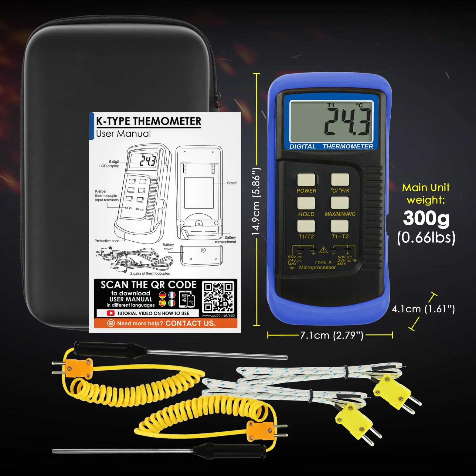 Alta Precisione Digitale Tipo K Termocoppia Termometro (-50~1300°C) con Doppio Canale 4 Sonde (Cablata & Acciaio Inossidabile) Palmare Alta Temperatura Scala Kelvin Metro Tester