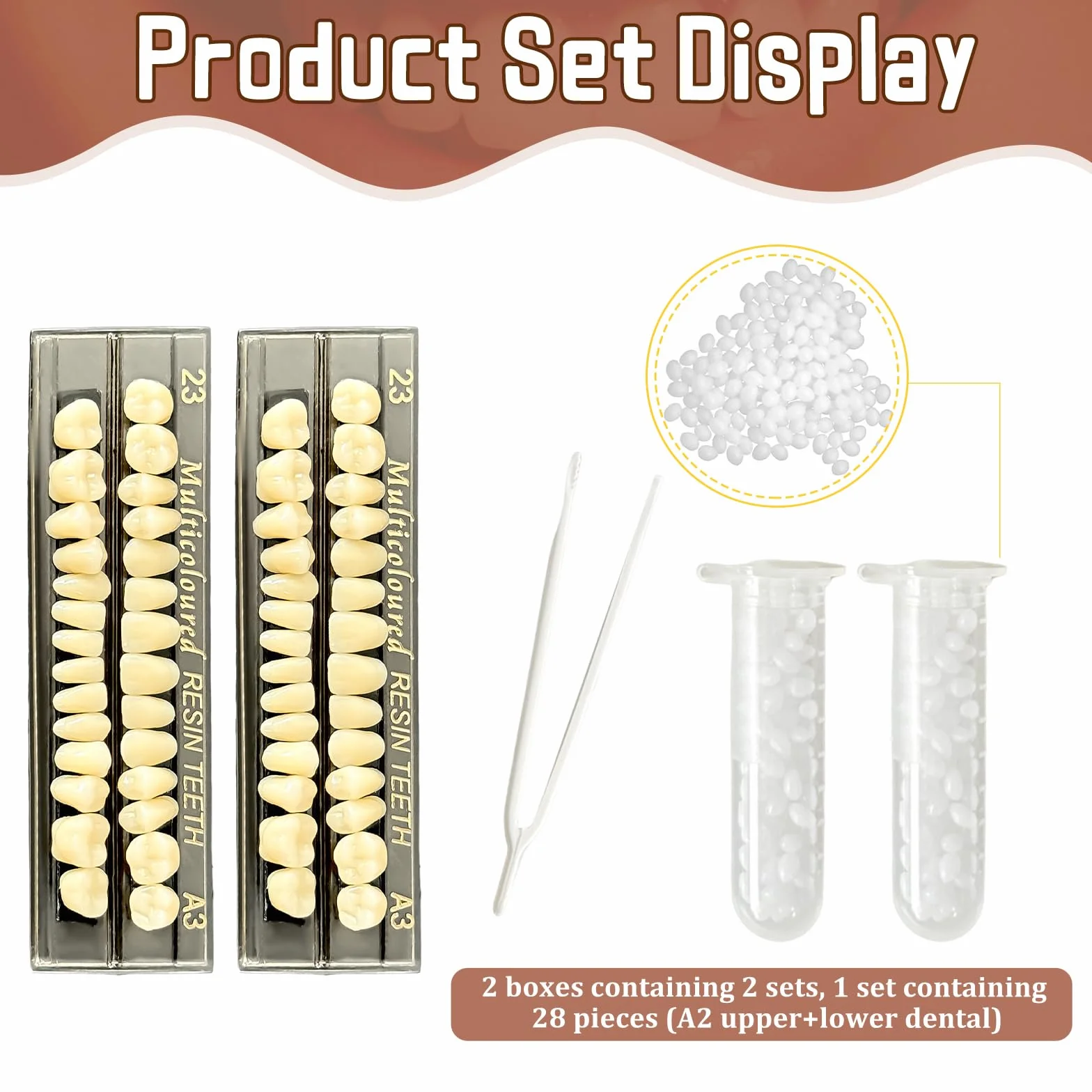 2 set denti finti in resina acrilica completa per dentiere, 23 tonalità A3 superiori + inferiori materiali dentali